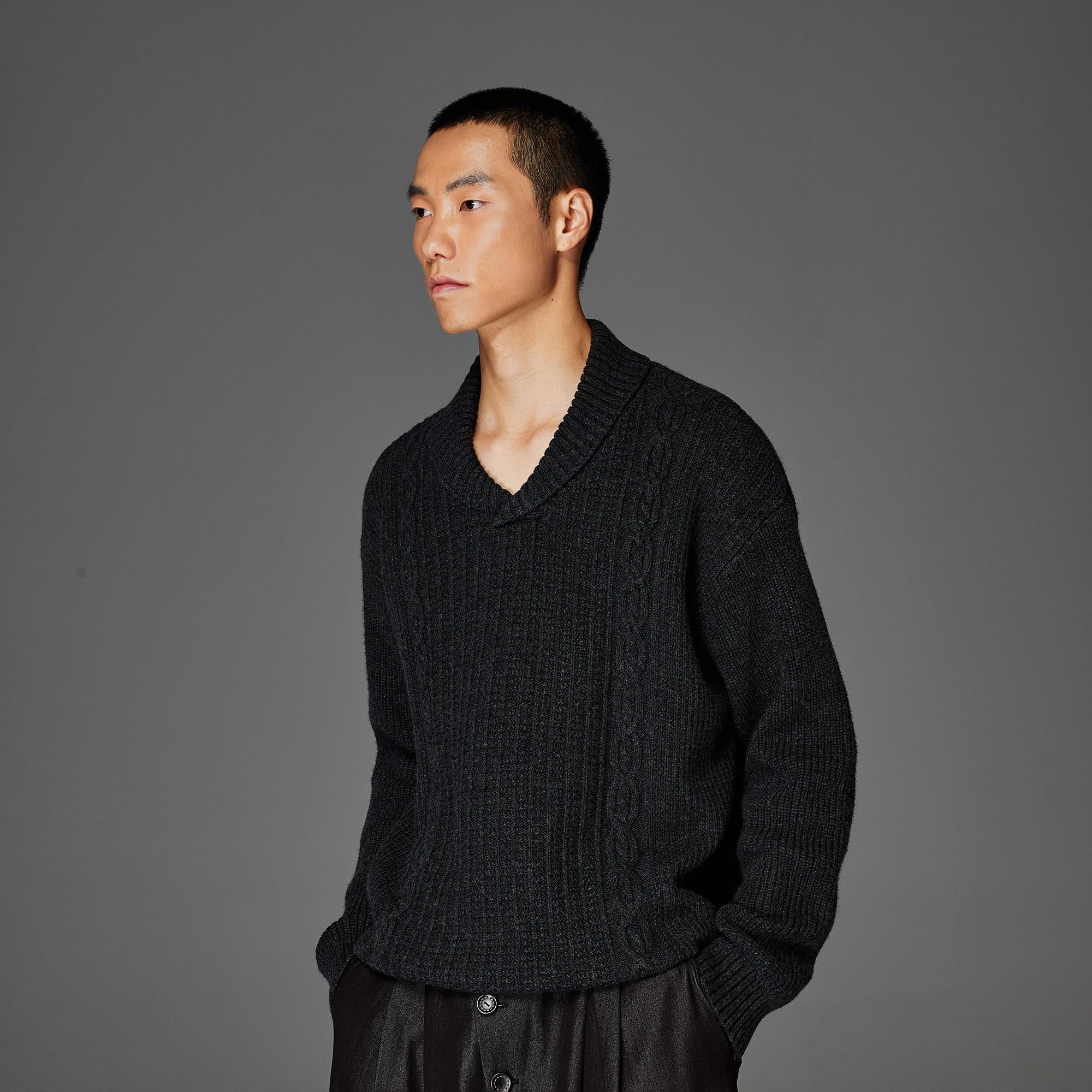 CATSSTAC Wool-Blend Shawl-Collar Cable Knit Sweater