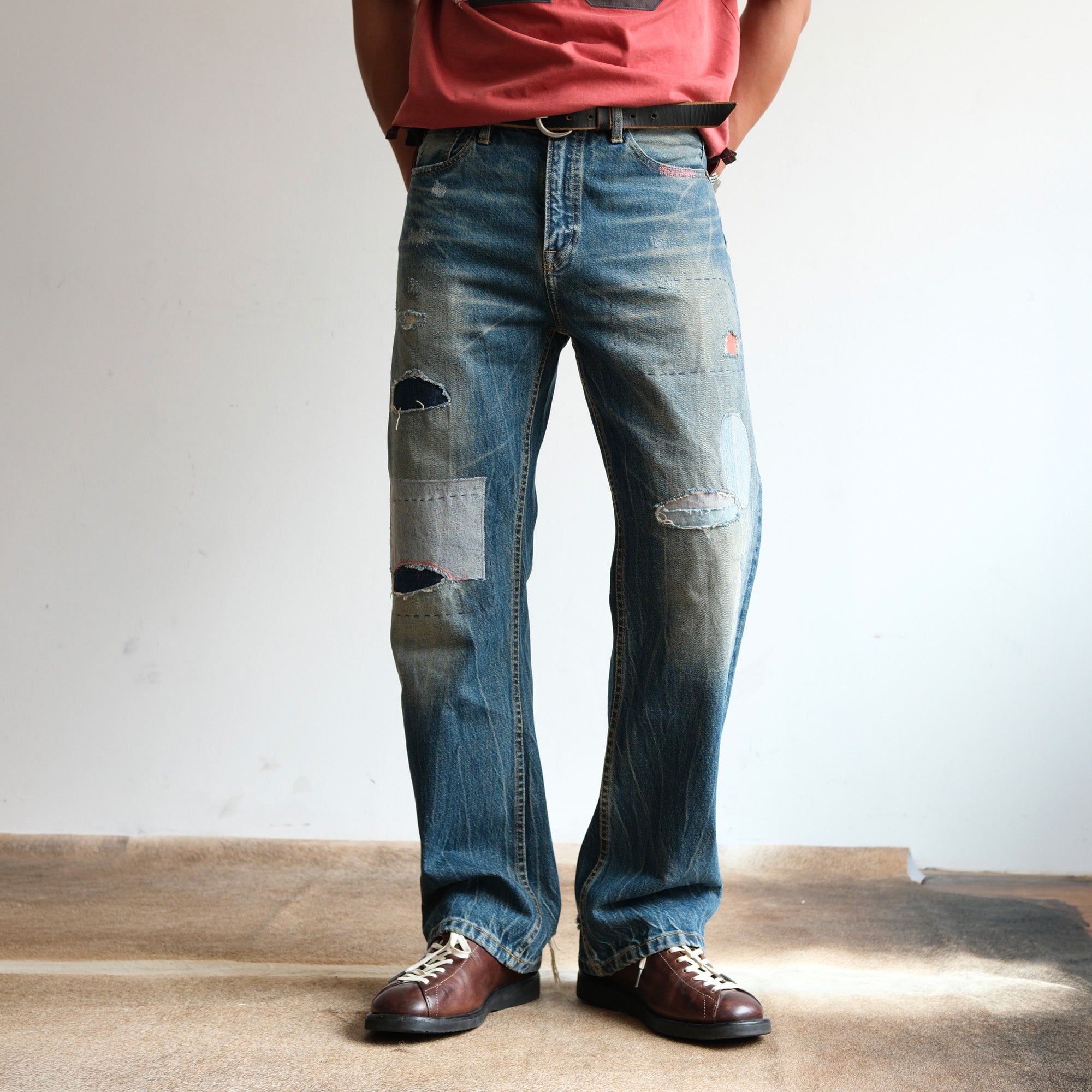 NEIGBORL Retro Washed Patch Distressed Jeans, premium urban and streetwear designers apparel on PROJECTISR.com, NEIGBORL