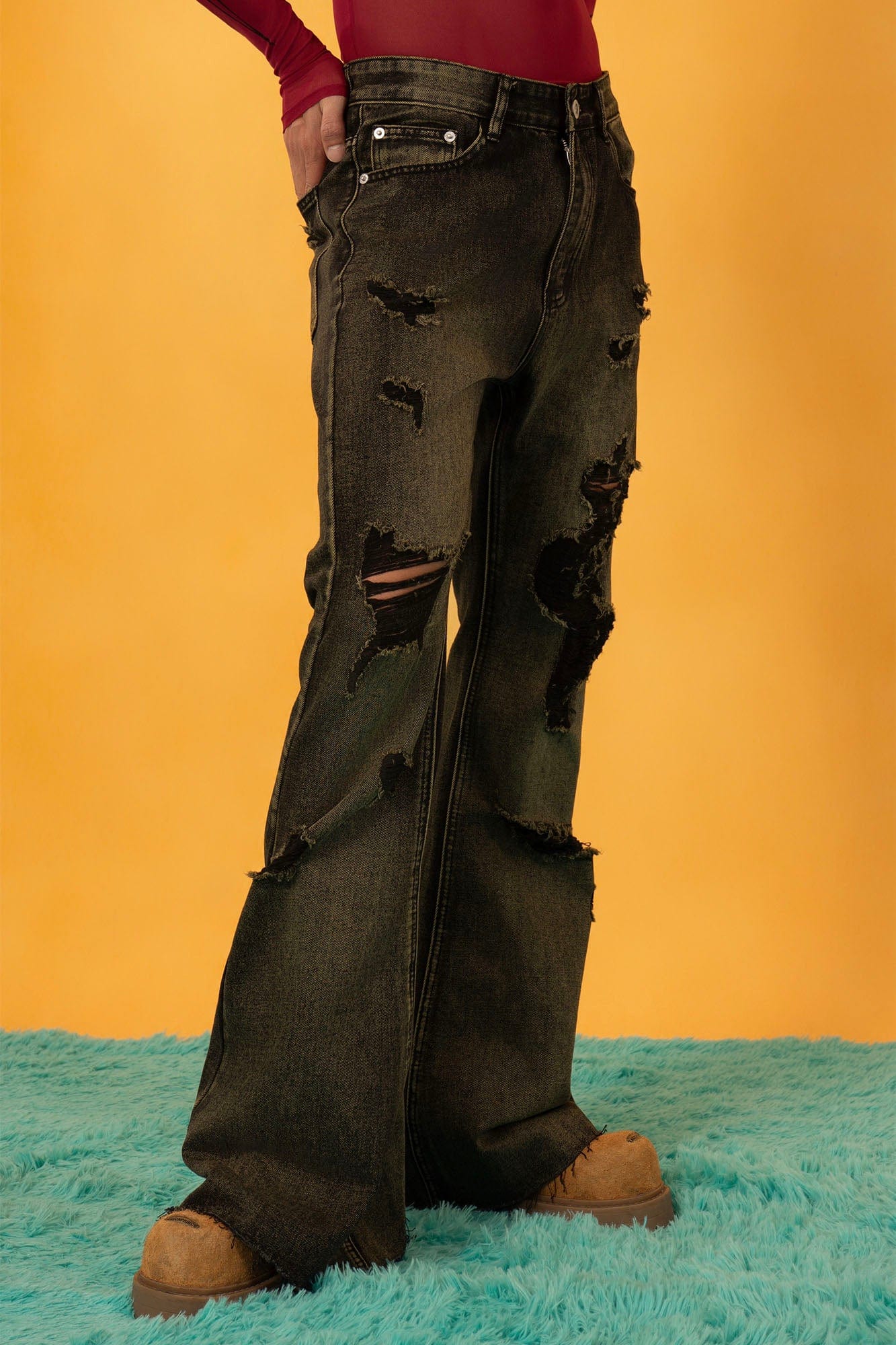 CLP Retro Distressed Ripped Flared Jeans, premium urban and streetwear designers apparel on PROJECTISR.com, CLP