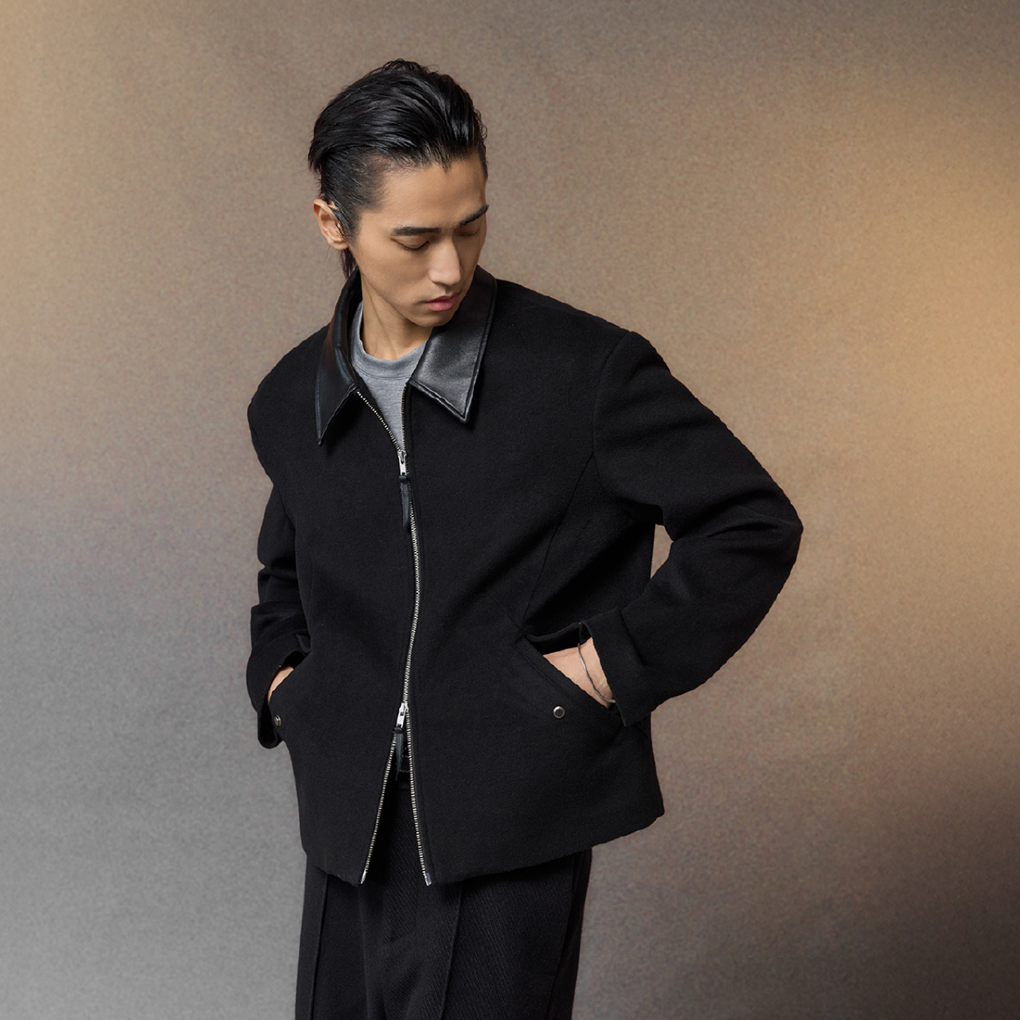 ALVNG AR ANTS PU Collar Wool-Blend Jacket, premium urban and streetwear designers apparel on PROJECTISR.com, ALVNG AR ANTS