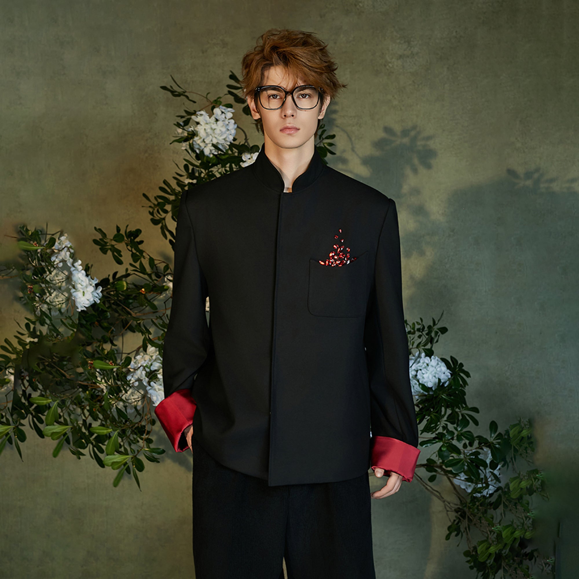 JIECHI Diamond Embellished Contrast Cuffs Mandarin Blazer