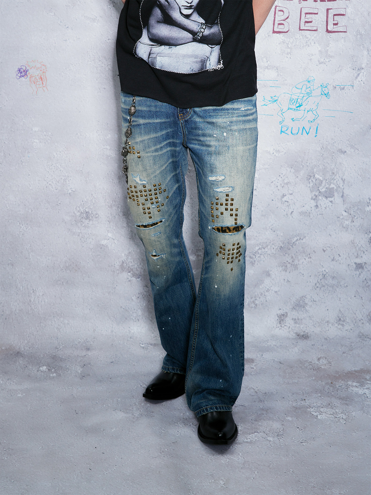 WANNA LAB Distressed Leopard Patch Studded Paint-Splattered Flared Jeans