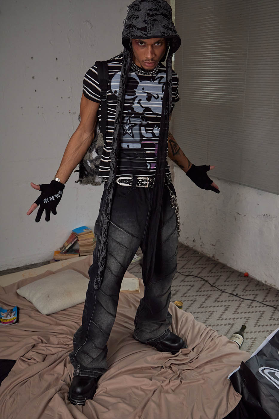 DND4DES Scratch Marks Distressed Flared Jeans Black, premium urban and streetwear designers apparel on PROJECTISR.com, DND4DES