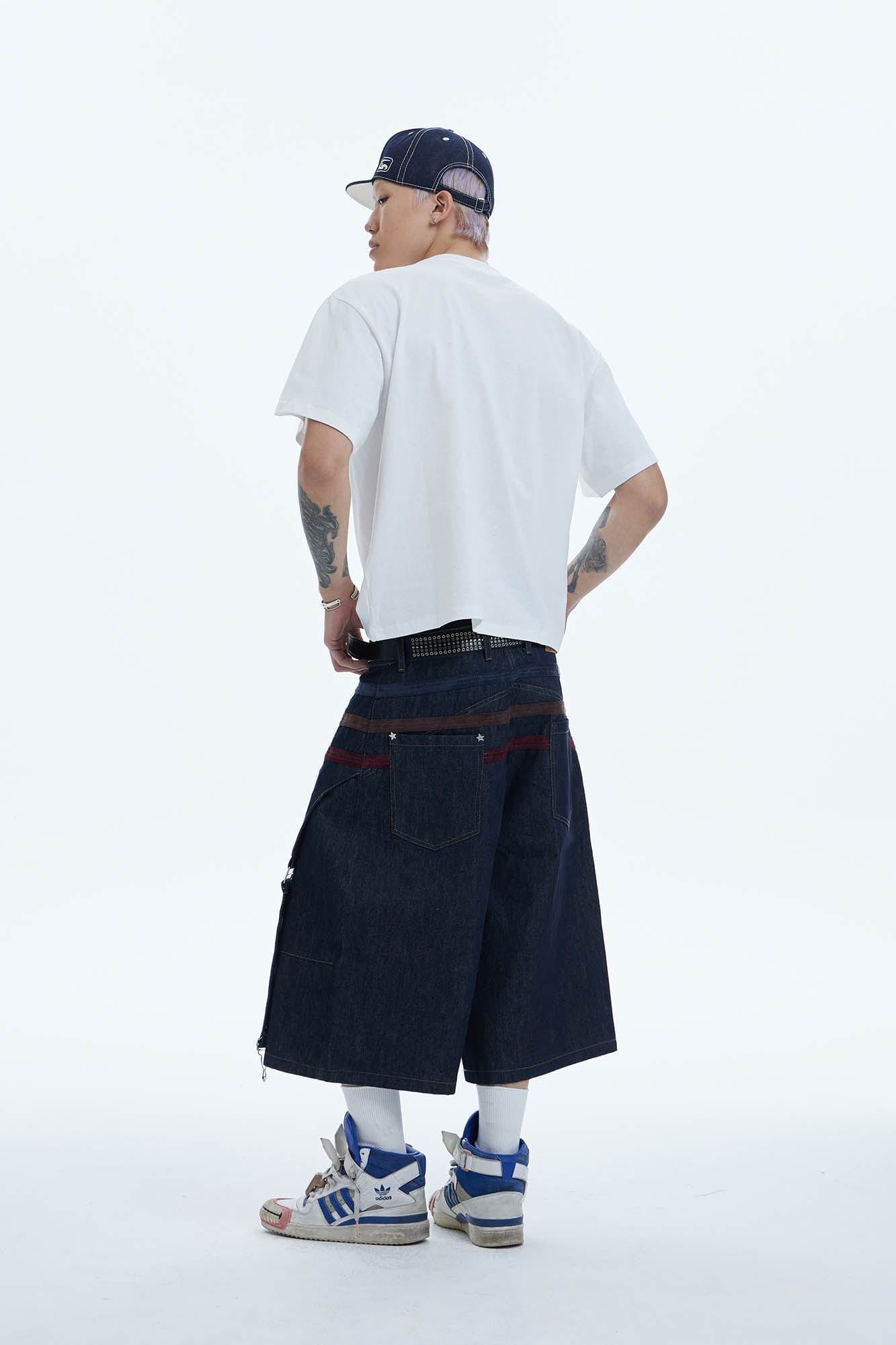 DND4DES Star-Rivet Harness-Layered Denim Shorts, premium urban and streetwear designers apparel on PROJECTISR.com, DND4DES