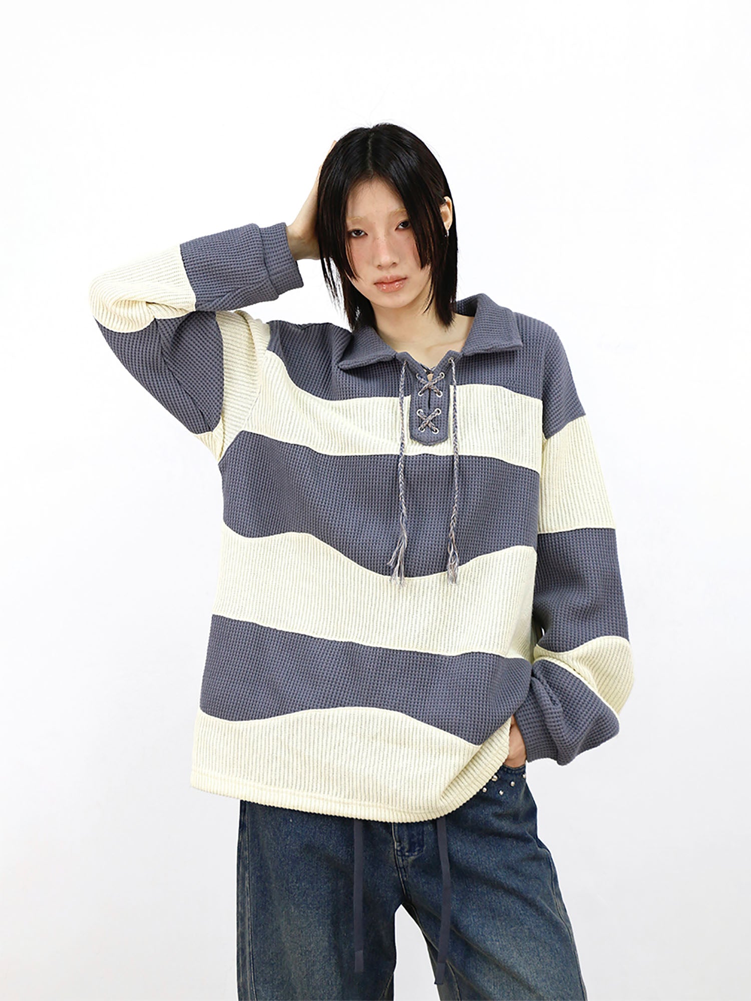 RELABEL Waffle-Knit Stripe Lace-Up Sweatshirt, premium urban and streetwear designers apparel on PROJECTISR.com, RELABEL