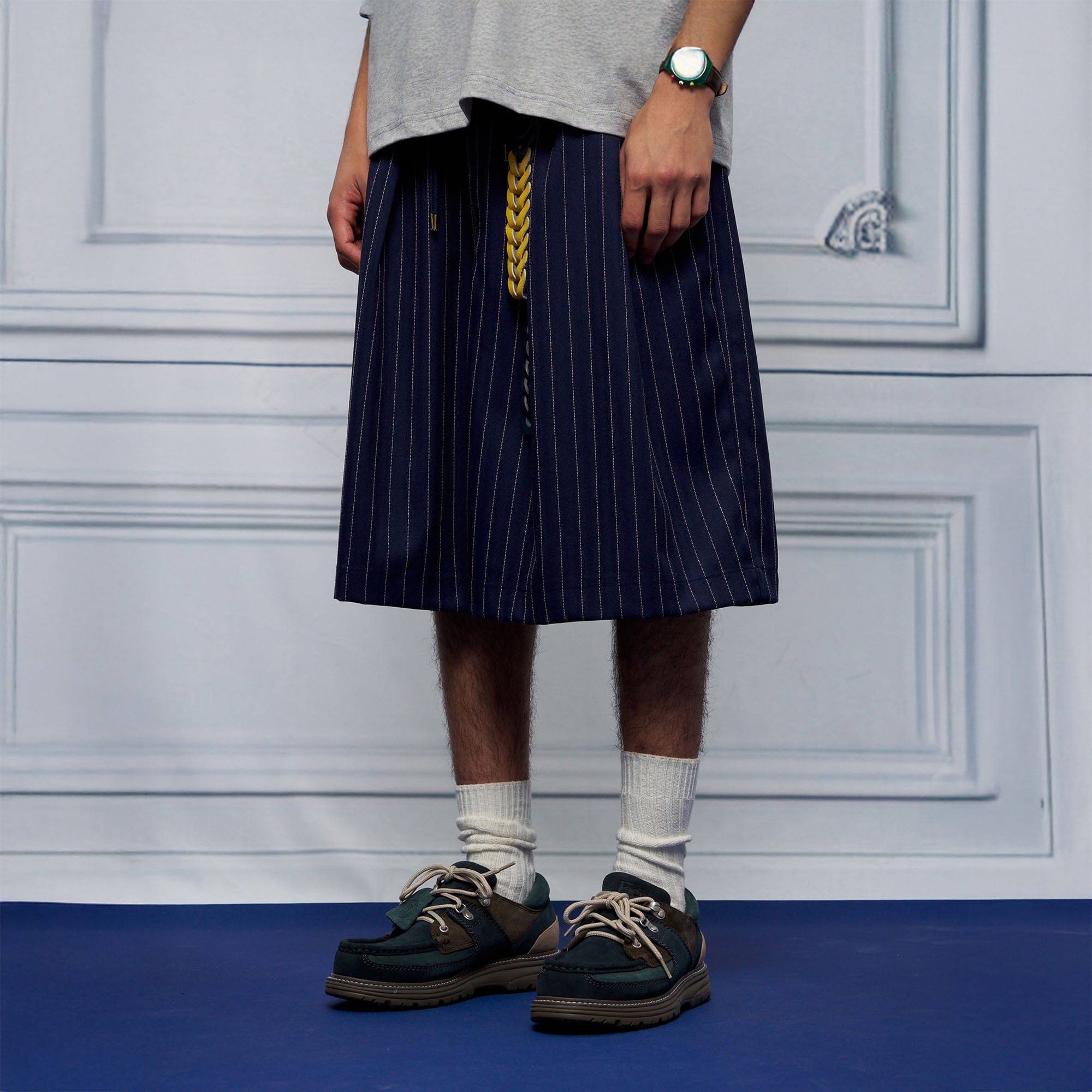 UNLIMITED MOTE Pleated Wide-Leg Drawstring Shorts Stripe, premium urban and streetwear designers apparel on PROJECTISR.com, UNLIMITED MOTE