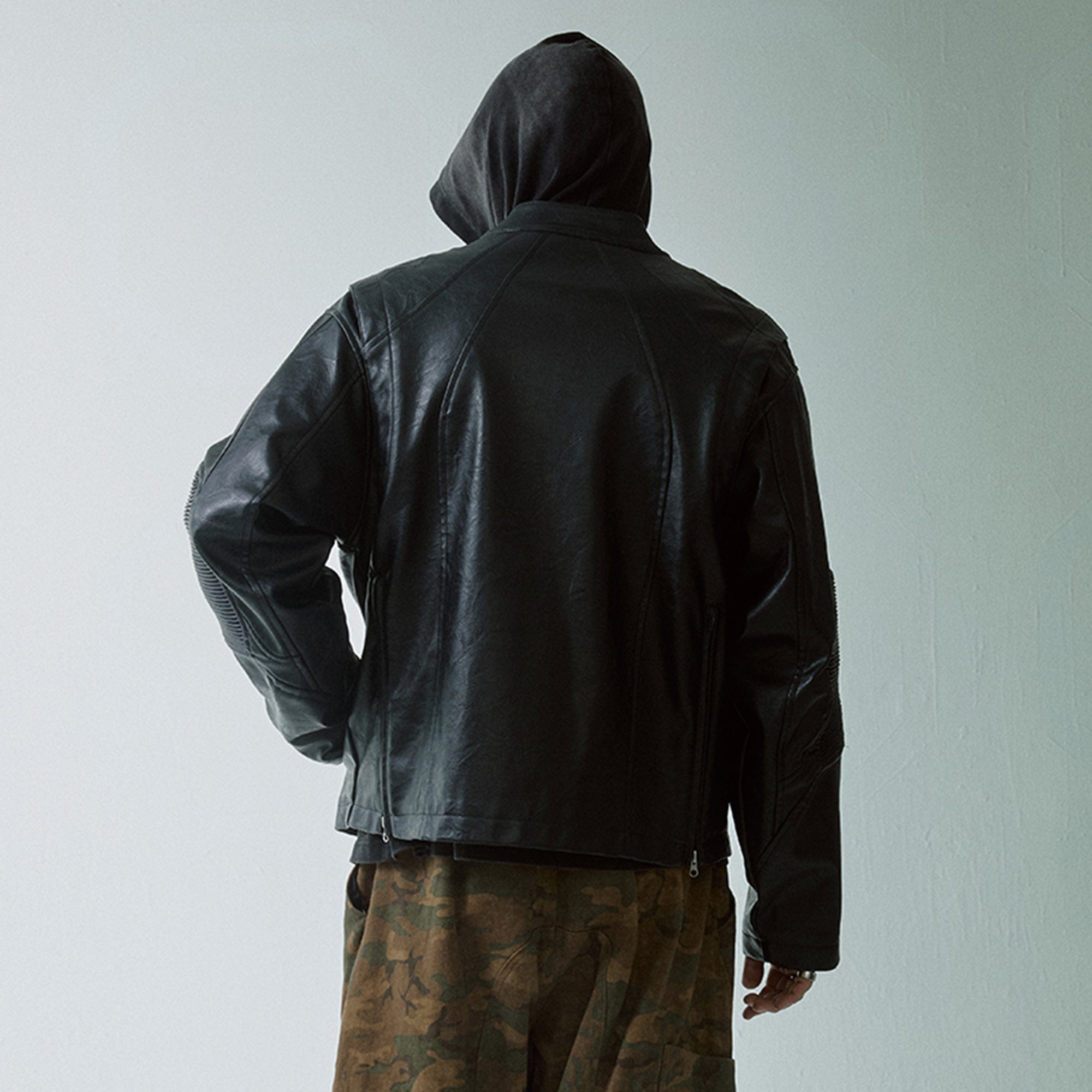 F2CE Modern Deconstructed Faux Leather Biker Jacket Black, premium urban and streetwear designers apparel on PROJECTISR.com, F2CE