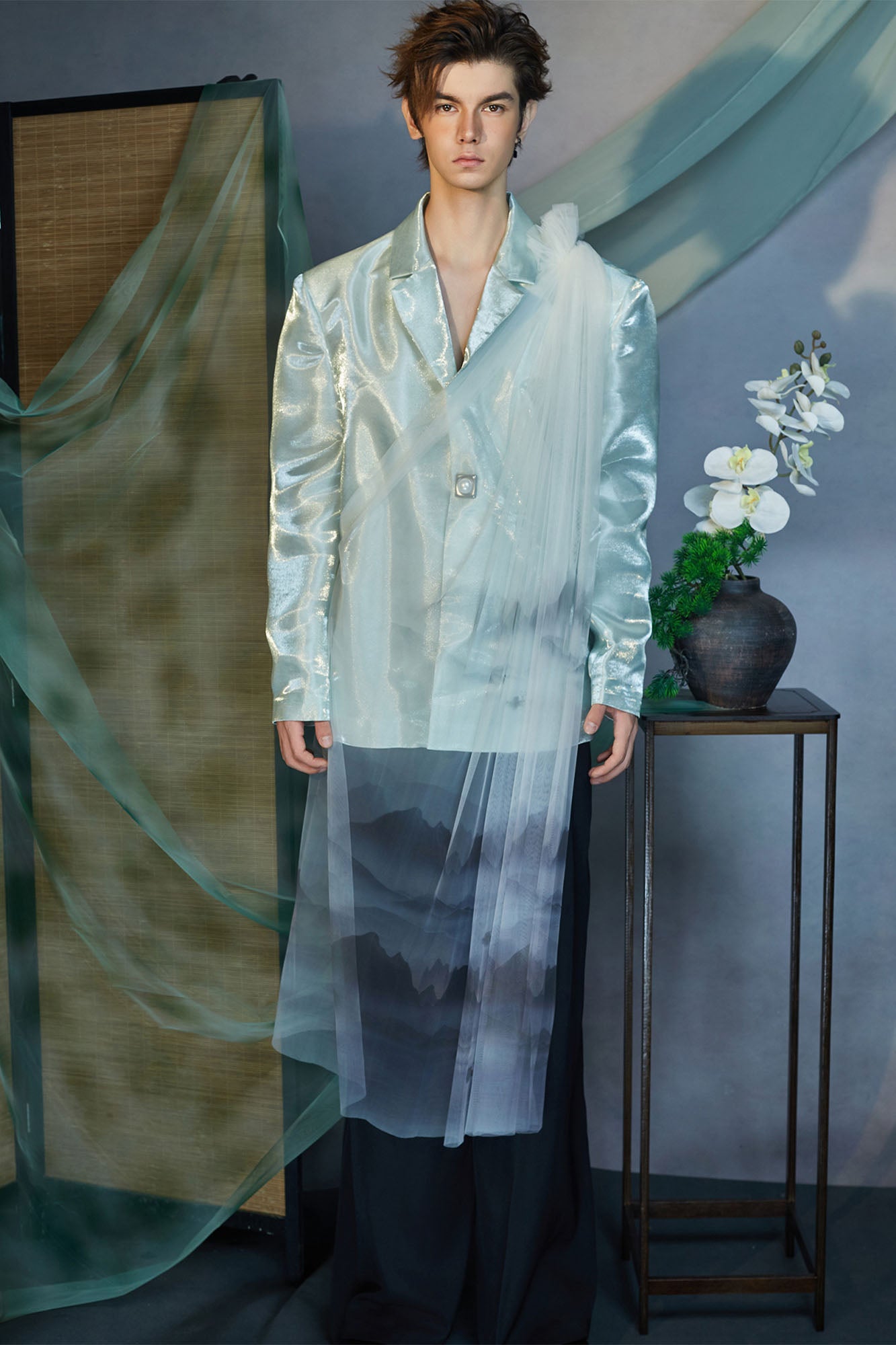 JIECHI Gradient Tulle Drape Satin Blazer, premium urban and streetwear designers apparel on PROJECTISR.com, JIECHI