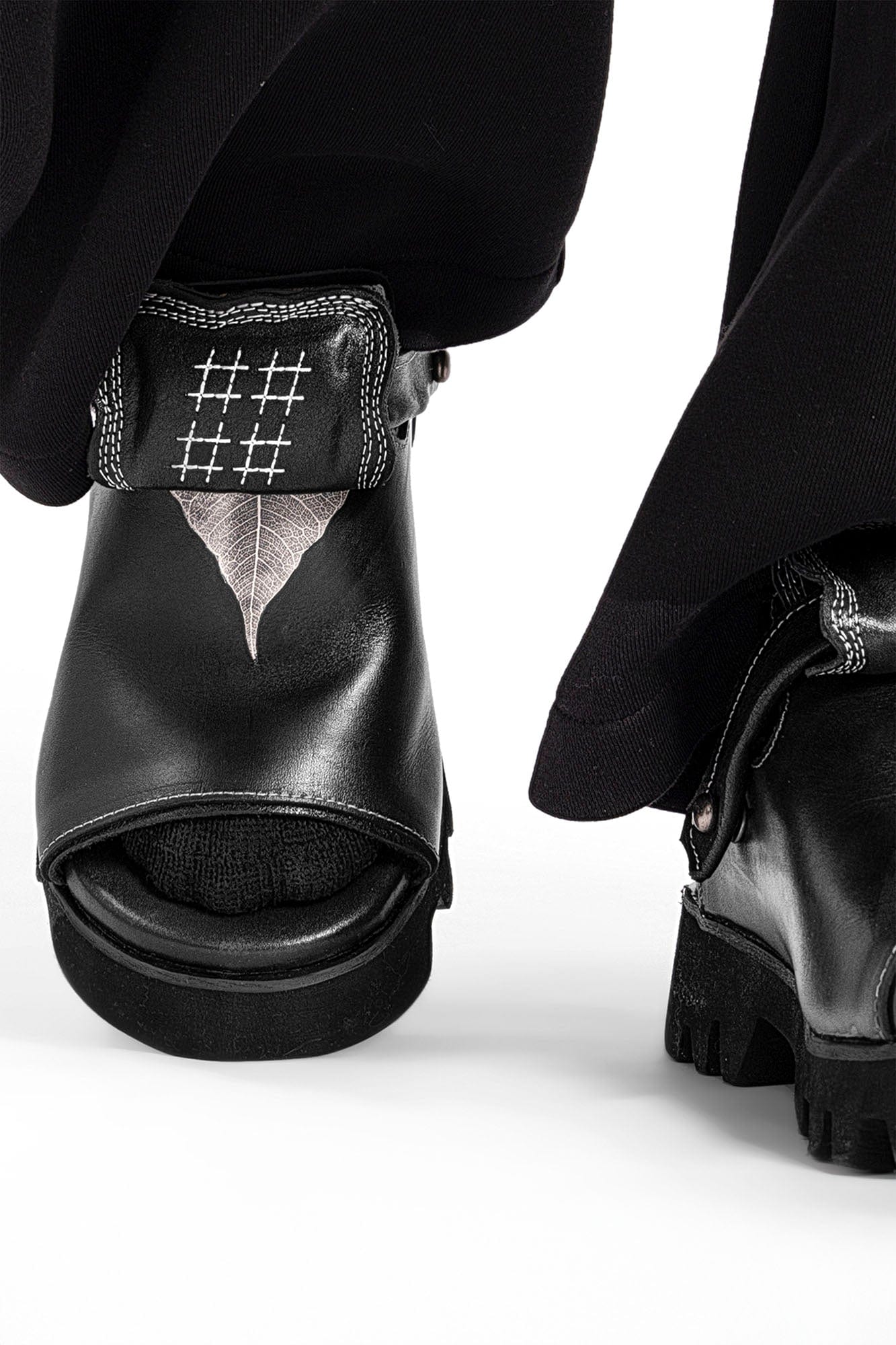 REWRITE Leaf Cowhide Sandals Black, premium urban and streetwear designers apparel on PROJECTISR.com, REWRITE