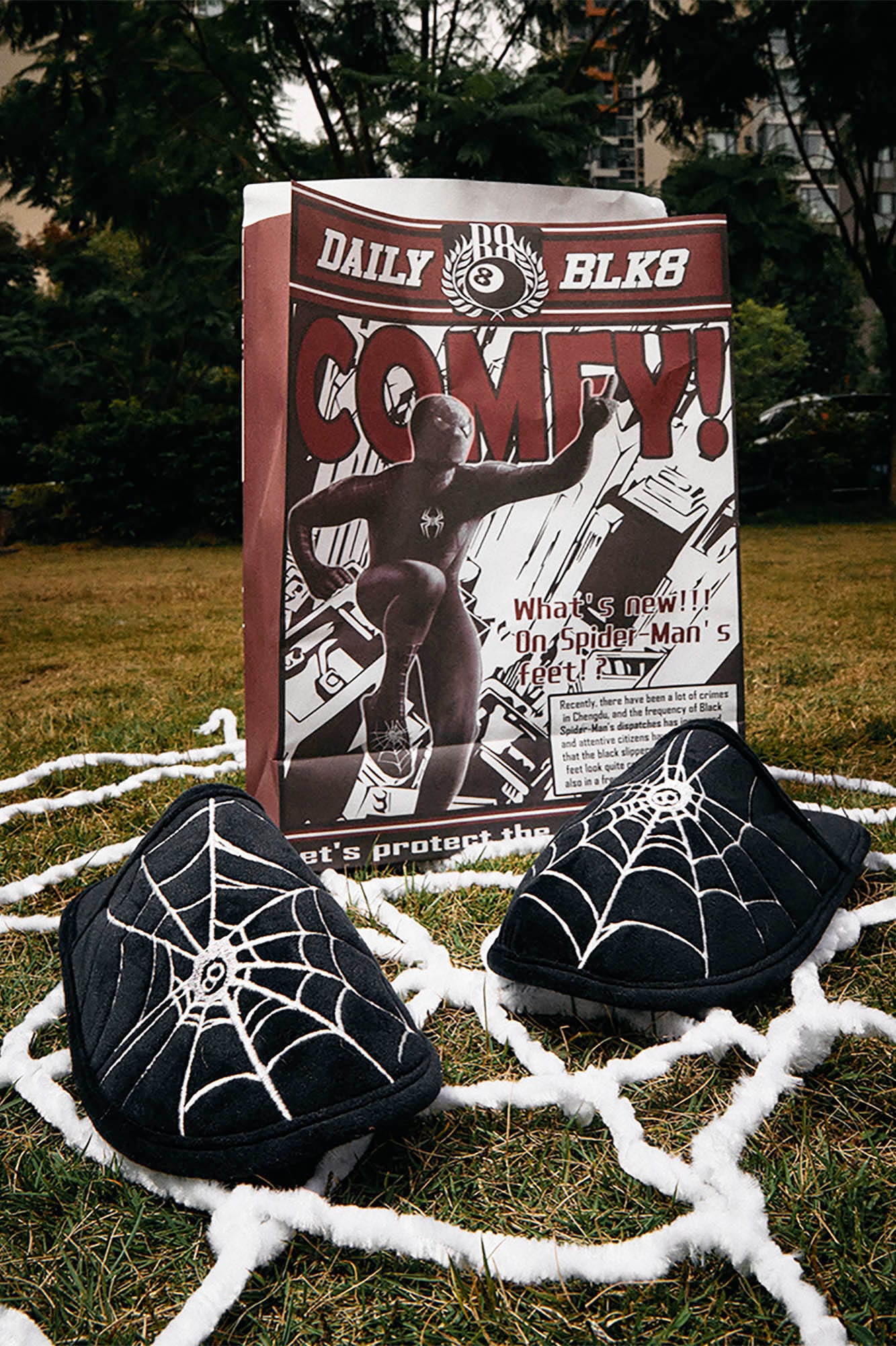 BLACK8MOB Spiderweb Embroidered Slippers, premium urban and streetwear designers apparel on PROJECTISR.com, BLACK8MOB