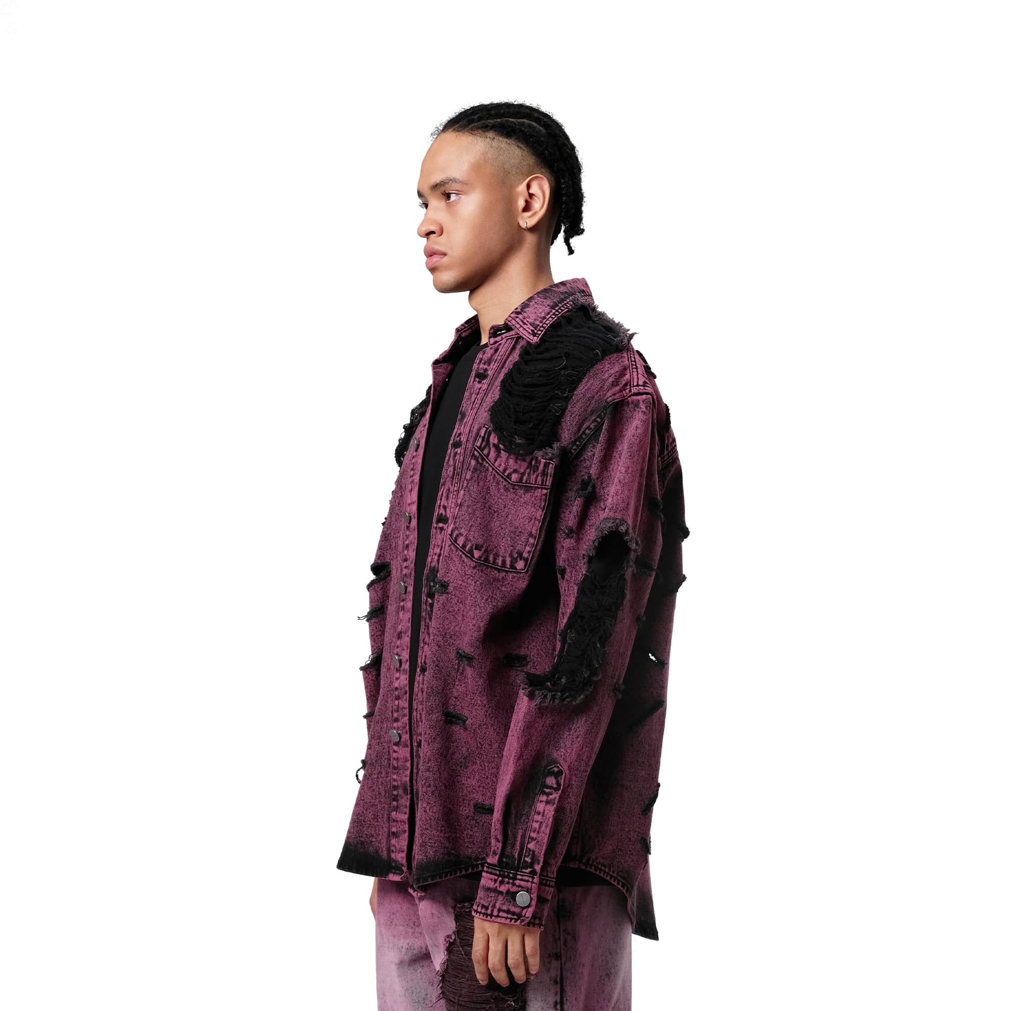 VANN VALRENCE Distressed Frayed Denim Shirt Jacket, premium urban and streetwear designers apparel on PROJECTISR.com, VANN VALRENCE