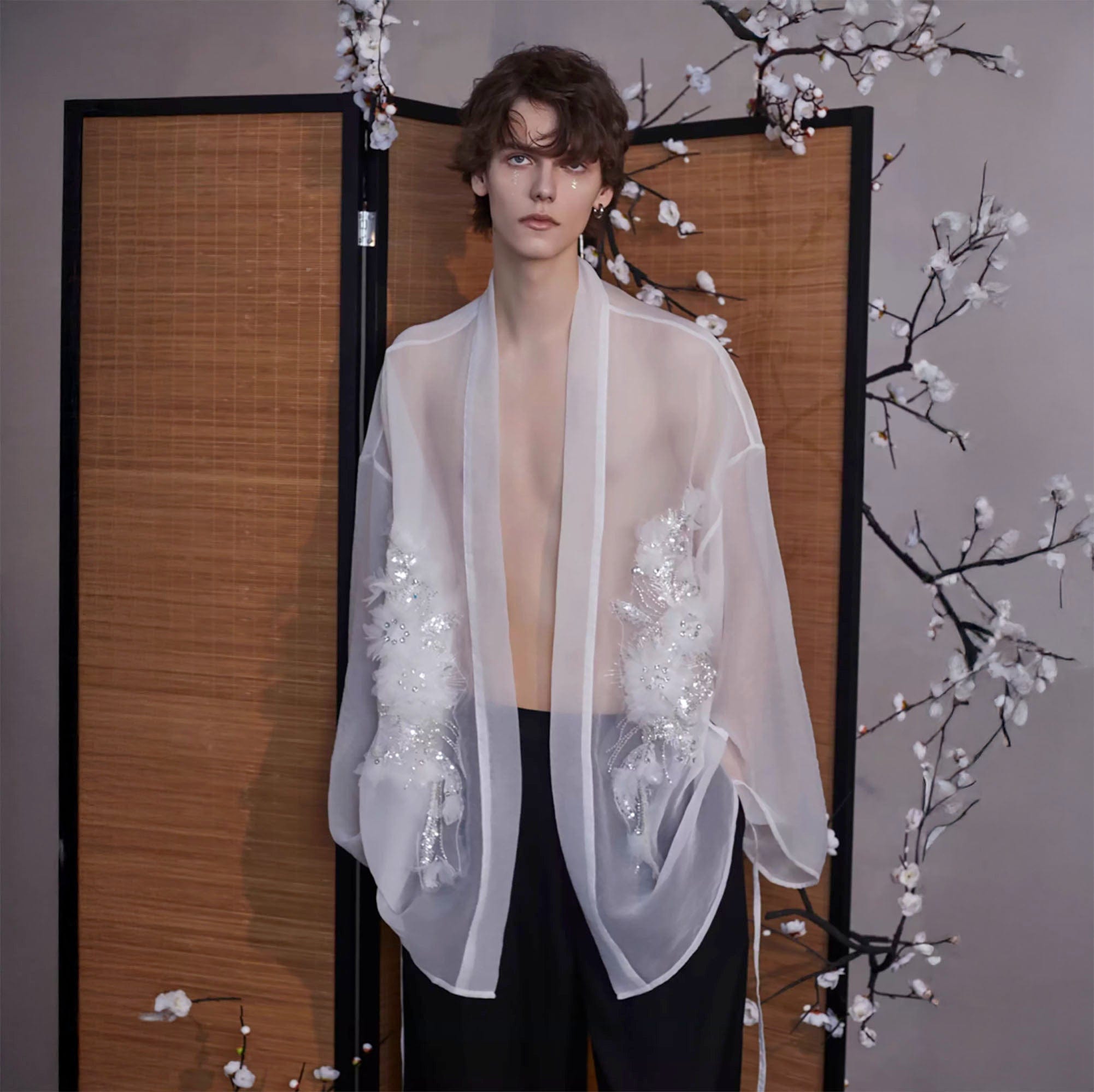 JIECHI Feathered Sequin Sheer Kimono Jacket, premium urban and streetwear designers apparel on PROJECTISR.com, JIECHI