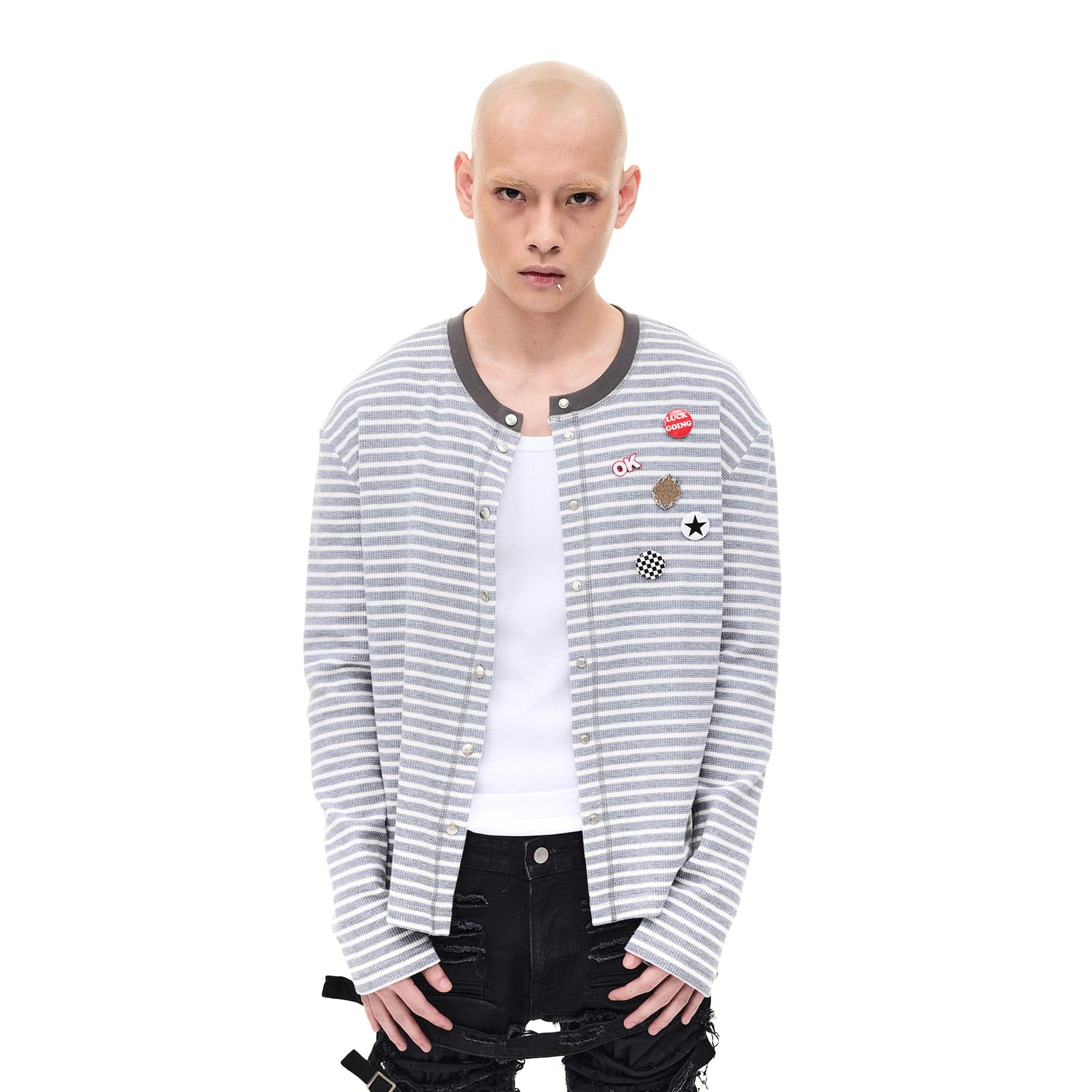 WHISTLEHUNTER Striped Badge Snap Slim Cardigan, premium urban and streetwear designers apparel on PROJECTISR.com, WHISTLEHUNTER