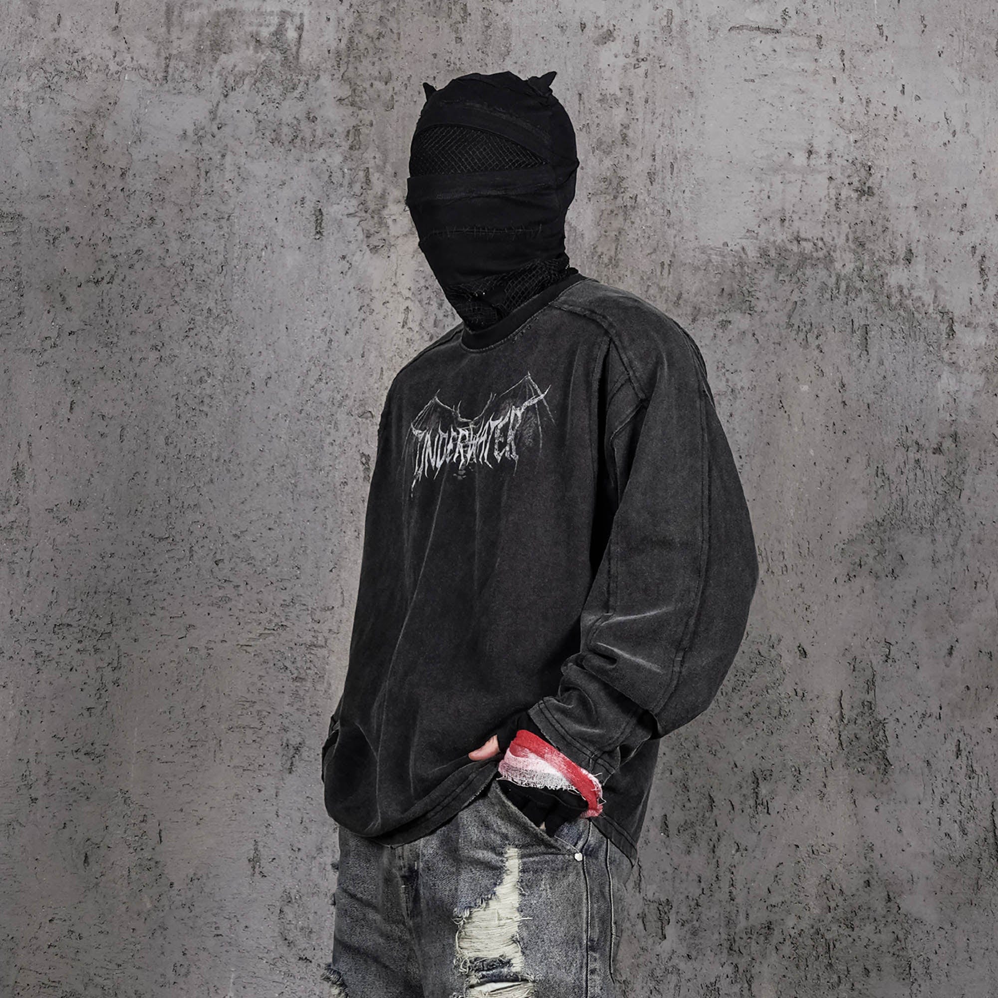 UNDERWATER Hellbound Wing Distressed Spliced Long-Sleeve Tee, premium urban and streetwear designers apparel on PROJECTISR.com, UNDERWATER