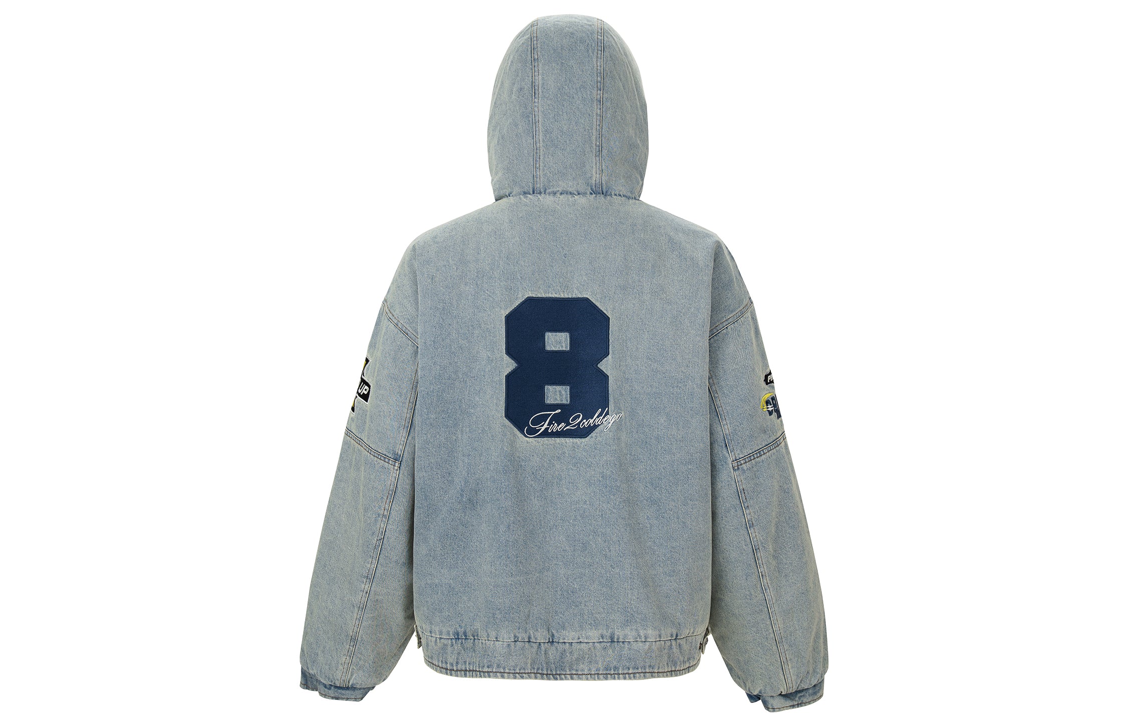 F2CE Washed Racing Patch Denim Hooded Puffer