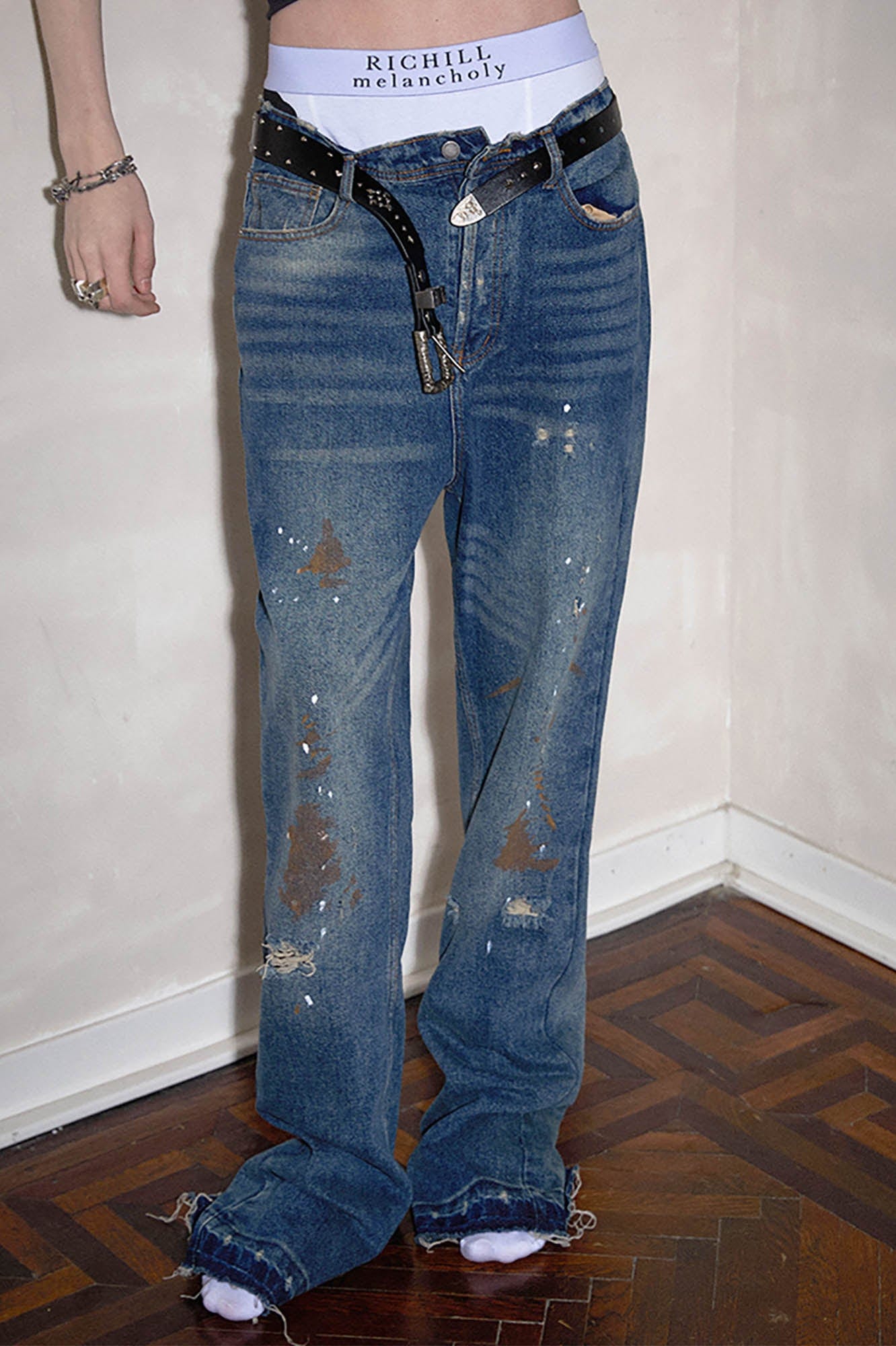 RICHILL Rust-Stained Distressed Flared Jeans, premium urban and streetwear designers apparel on PROJECTISR.com, RICHILL