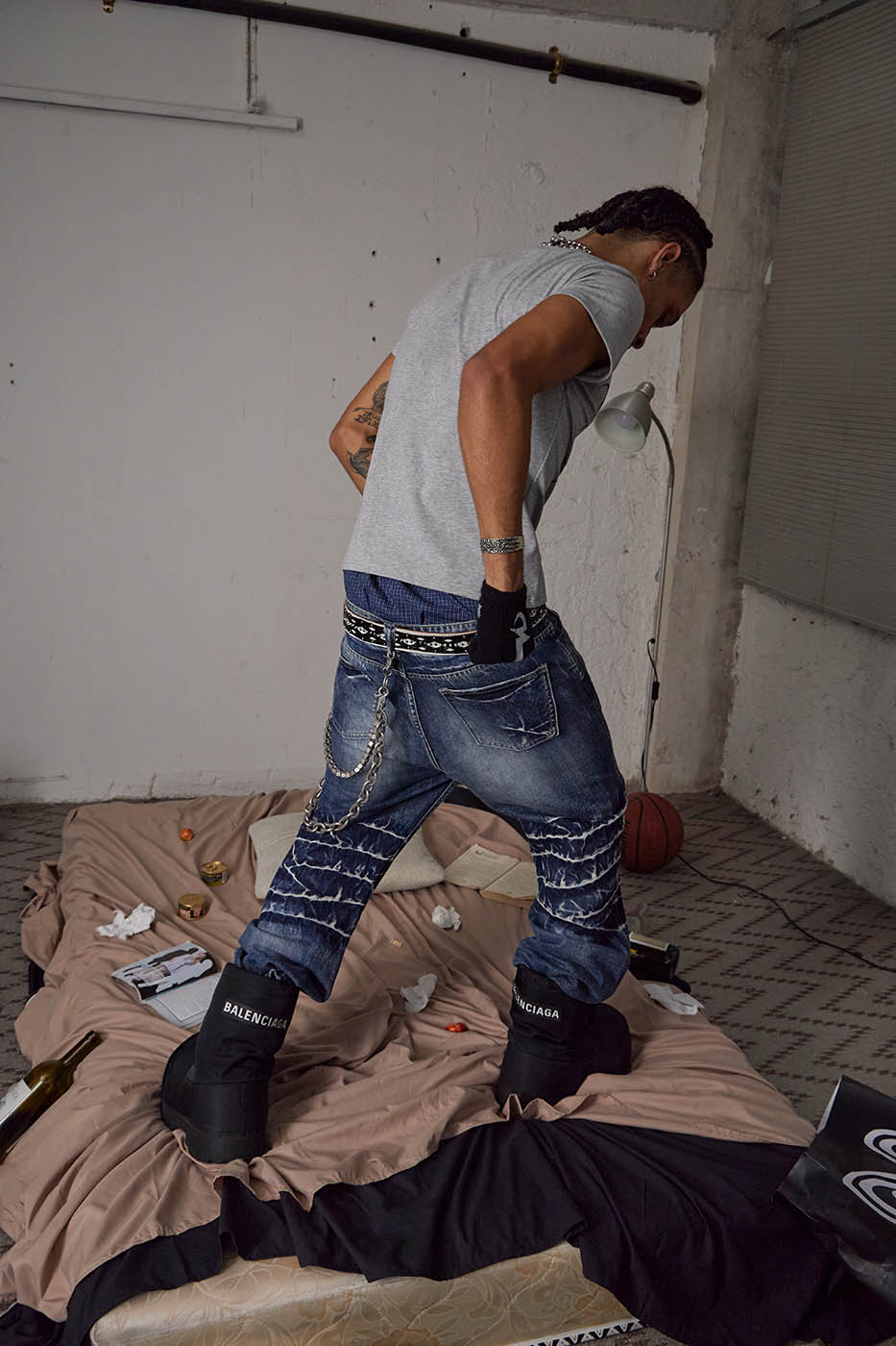 DND4DES Lightning-Creased Flared Jeans Blue, premium urban and streetwear designers apparel on PROJECTISR.com, DND4DES