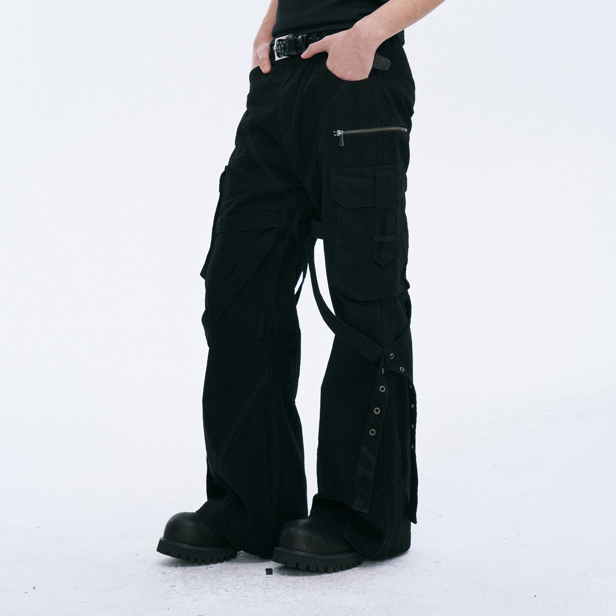 CATSSTAC Strap-Wrapped Spliced Cargo Pants, premium urban and streetwear designers apparel on PROJECTISR.com, CATSSTAC
