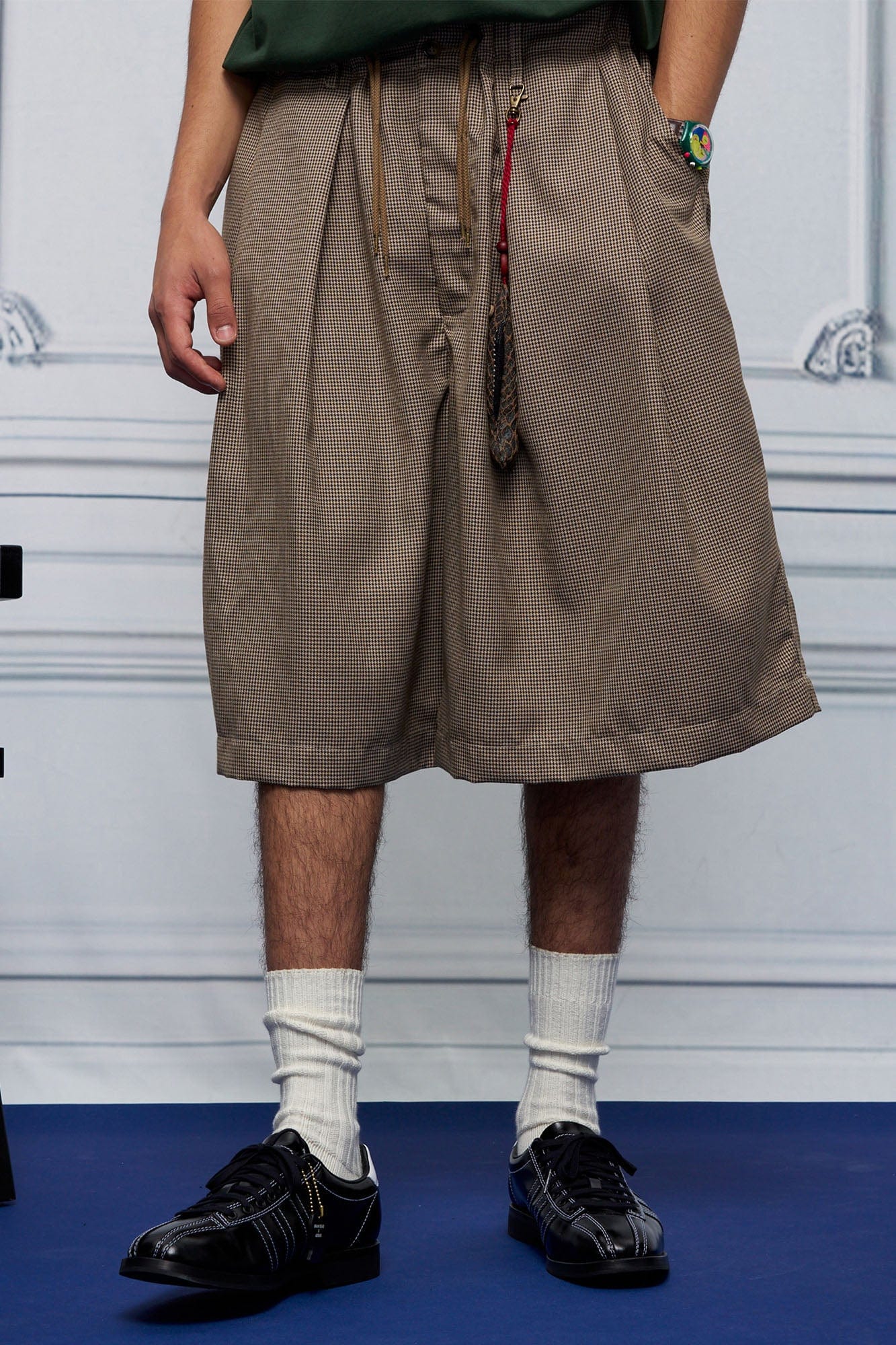 UNLIMITED MOTE Pleated Wide-Leg Drawstring Shorts Houndstooth, premium urban and streetwear designers apparel on PROJECTISR.com, UNLIMITED MOTE