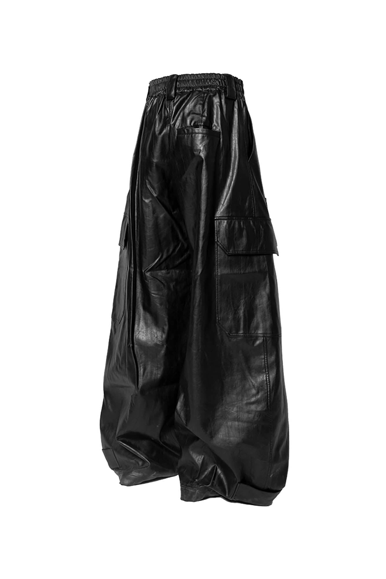 RELABEL Multi-Pocket Pleated Faux Leather Wide-Leg Pants, premium urban and streetwear designers apparel on PROJECTISR.com, RELABEL