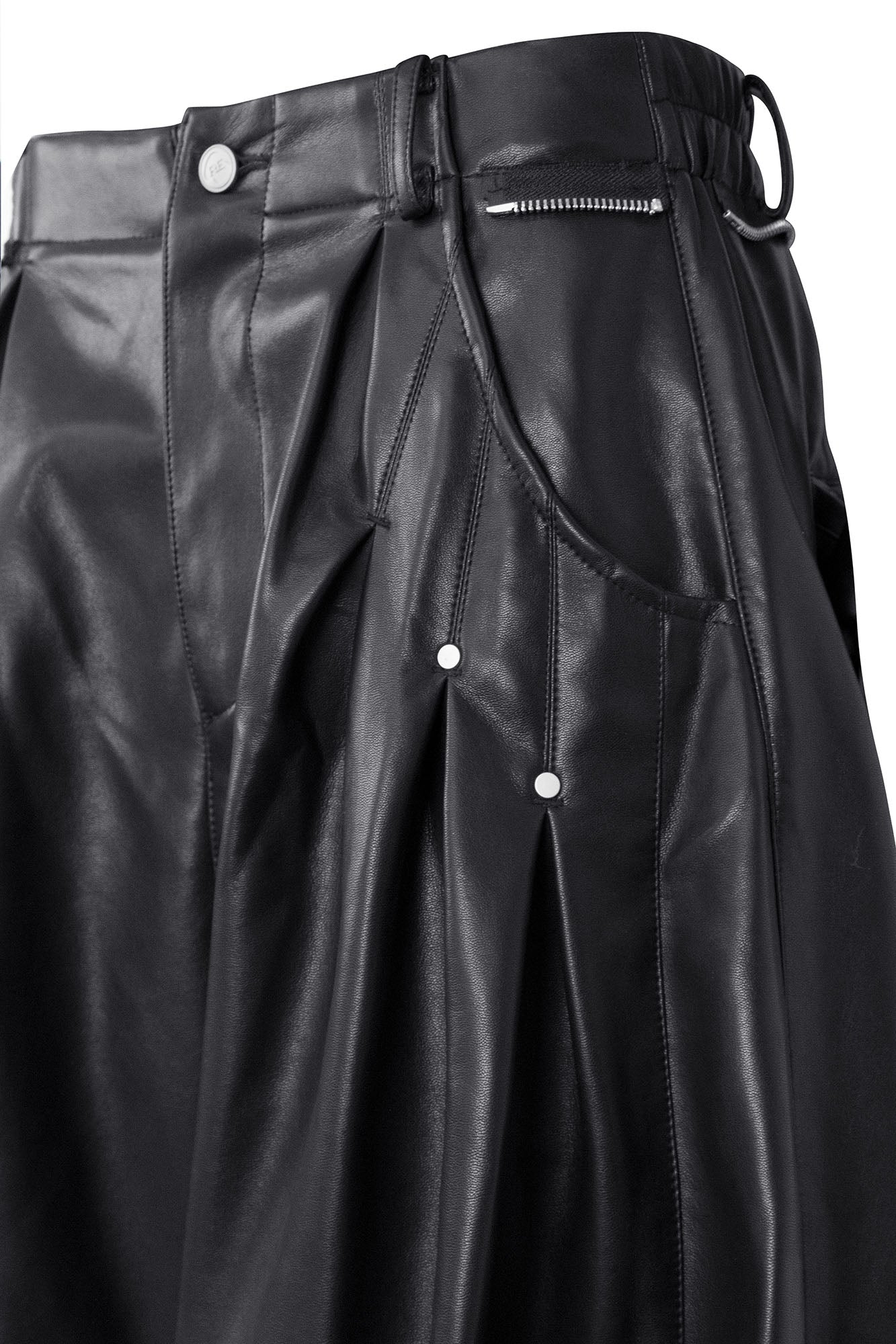 RELABEL Pleated Rivet Oversized PU Pants, premium urban and streetwear designers apparel on PROJECTISR.com, RELABEL