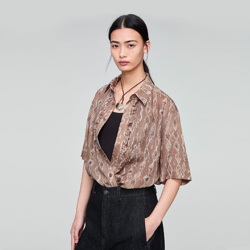 OPICLOTH Retro Woodgrain Full-Print Ruffle Half Shirt, premium urban and streetwear designers apparel on PROJECTISR.com, OPICLOTH