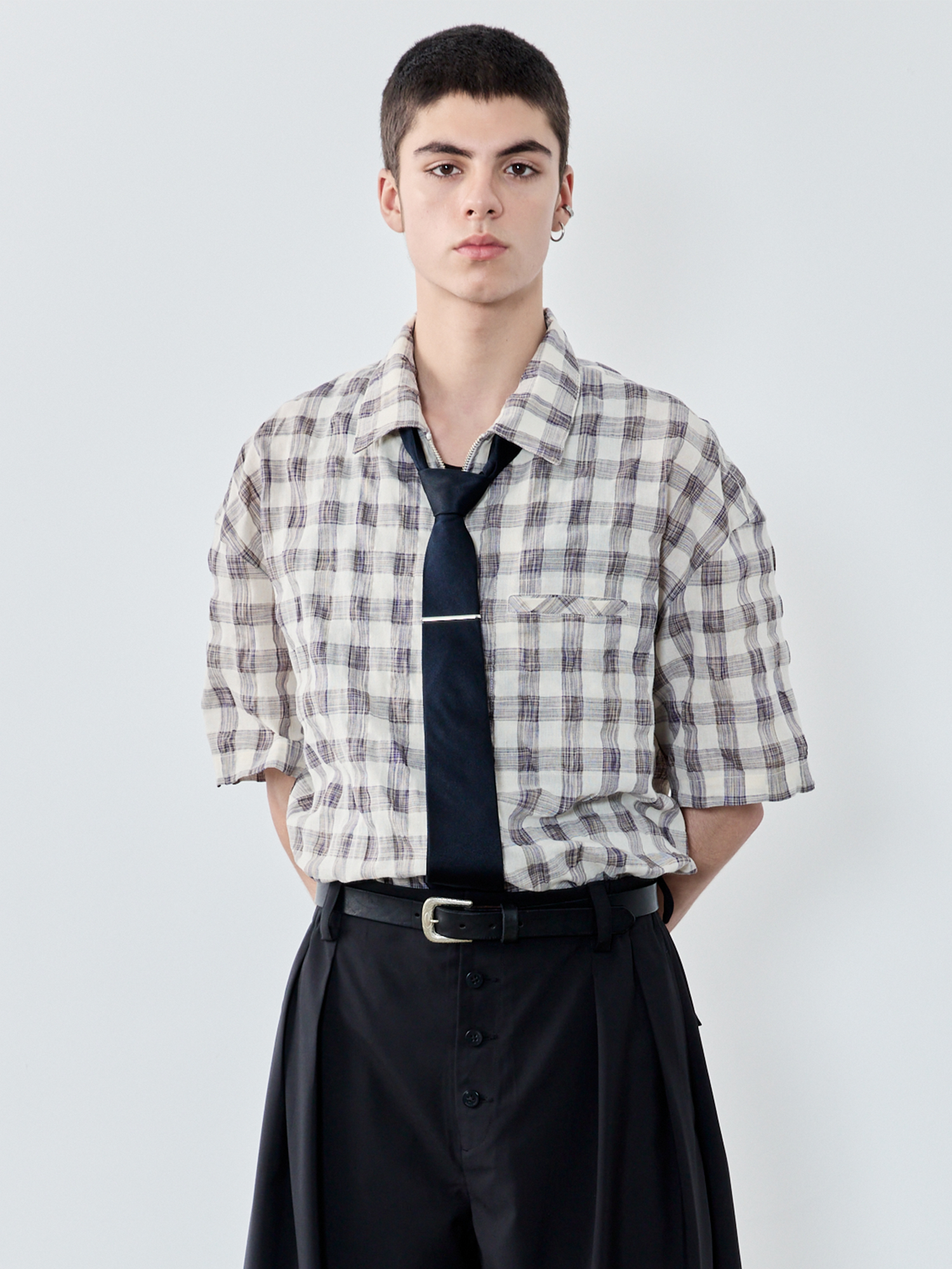 GRAINMUSTARD Retro Plaid Zip Half Shirt, premium urban and streetwear designers apparel on PROJECTISR.com, GRAINMUSTARD