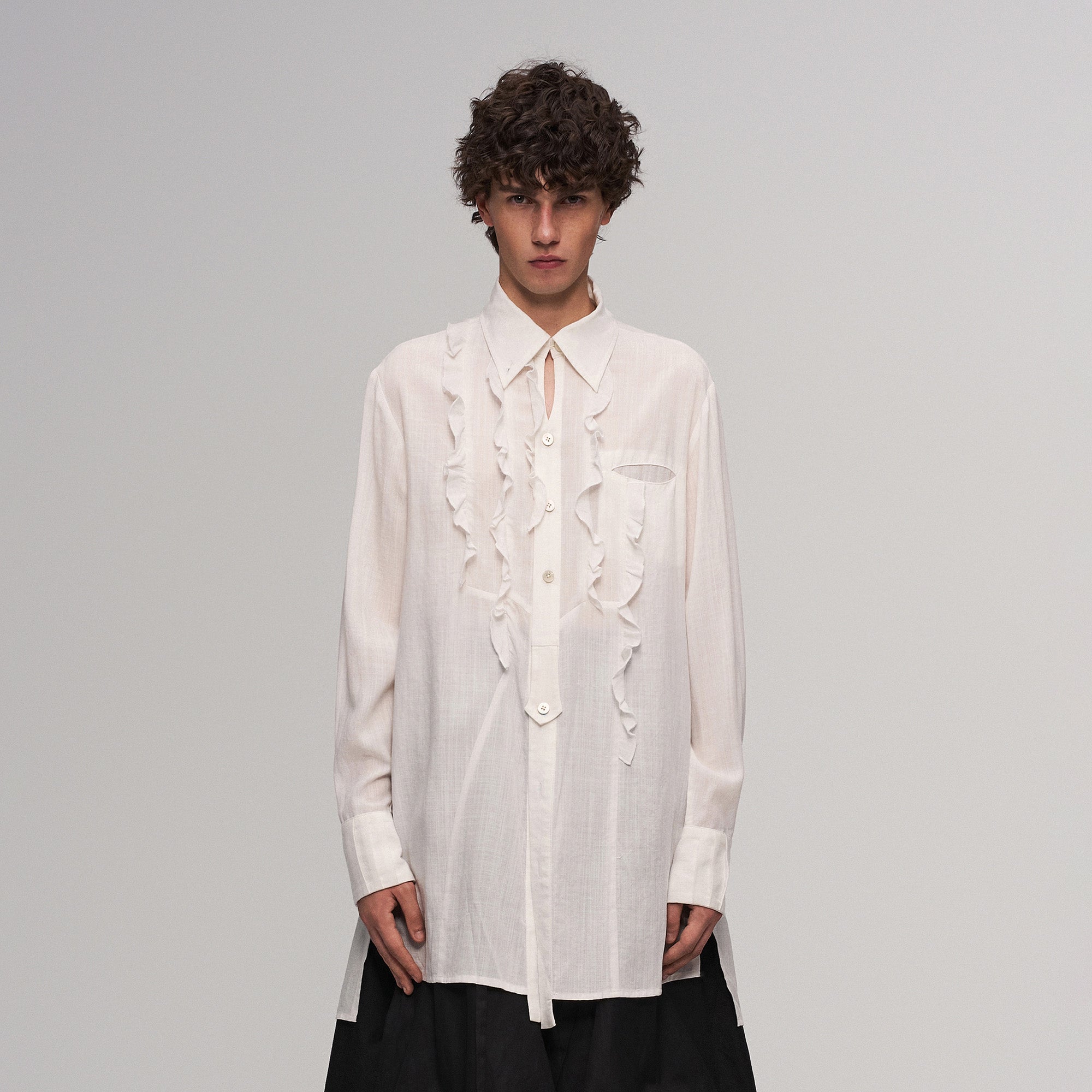 ILNya Nieternite Nifutur Sheer Ruffle Front Long Shirt