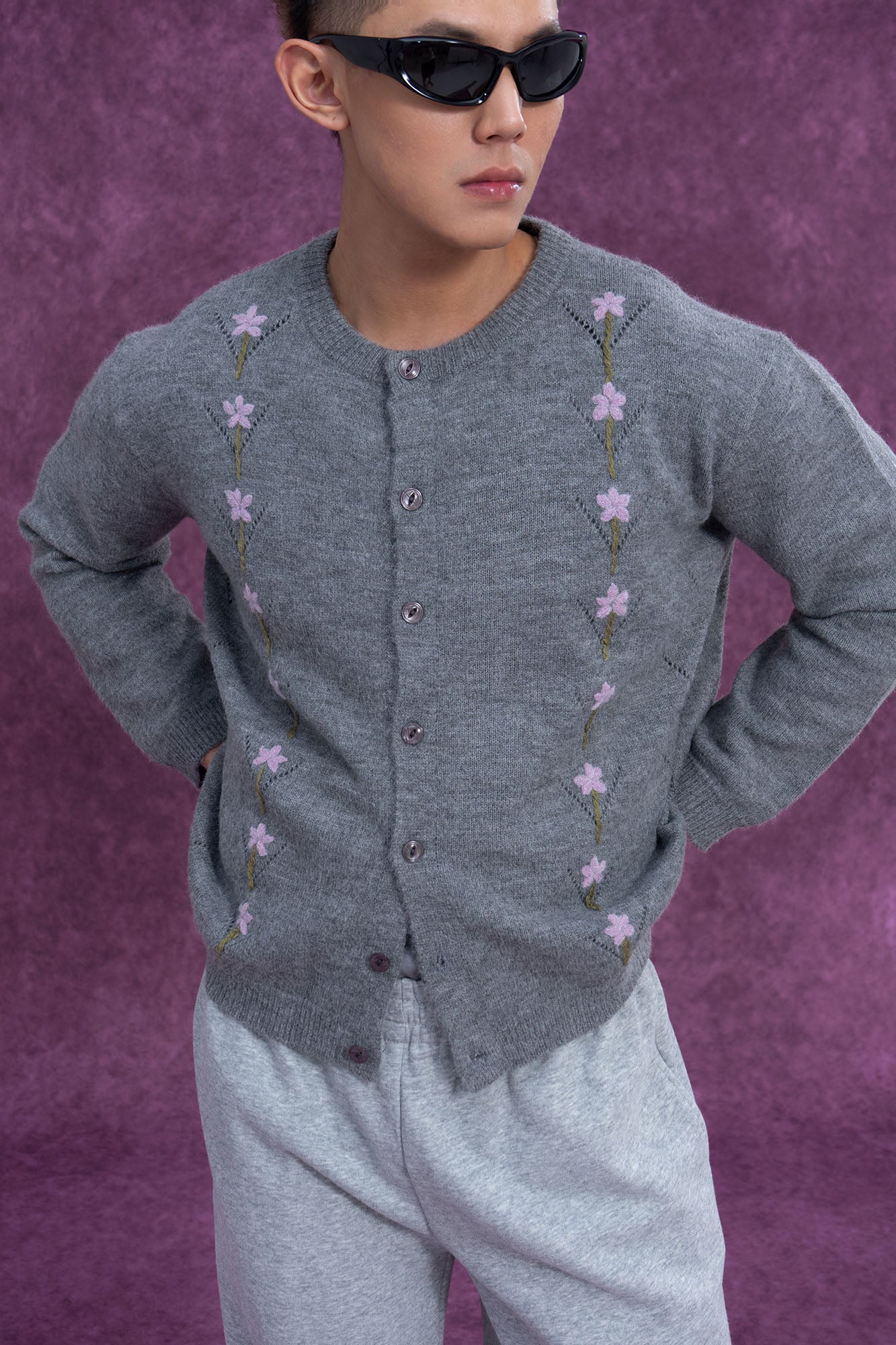 CLP Embroidered Floral Line Wool-Blend Cardigan