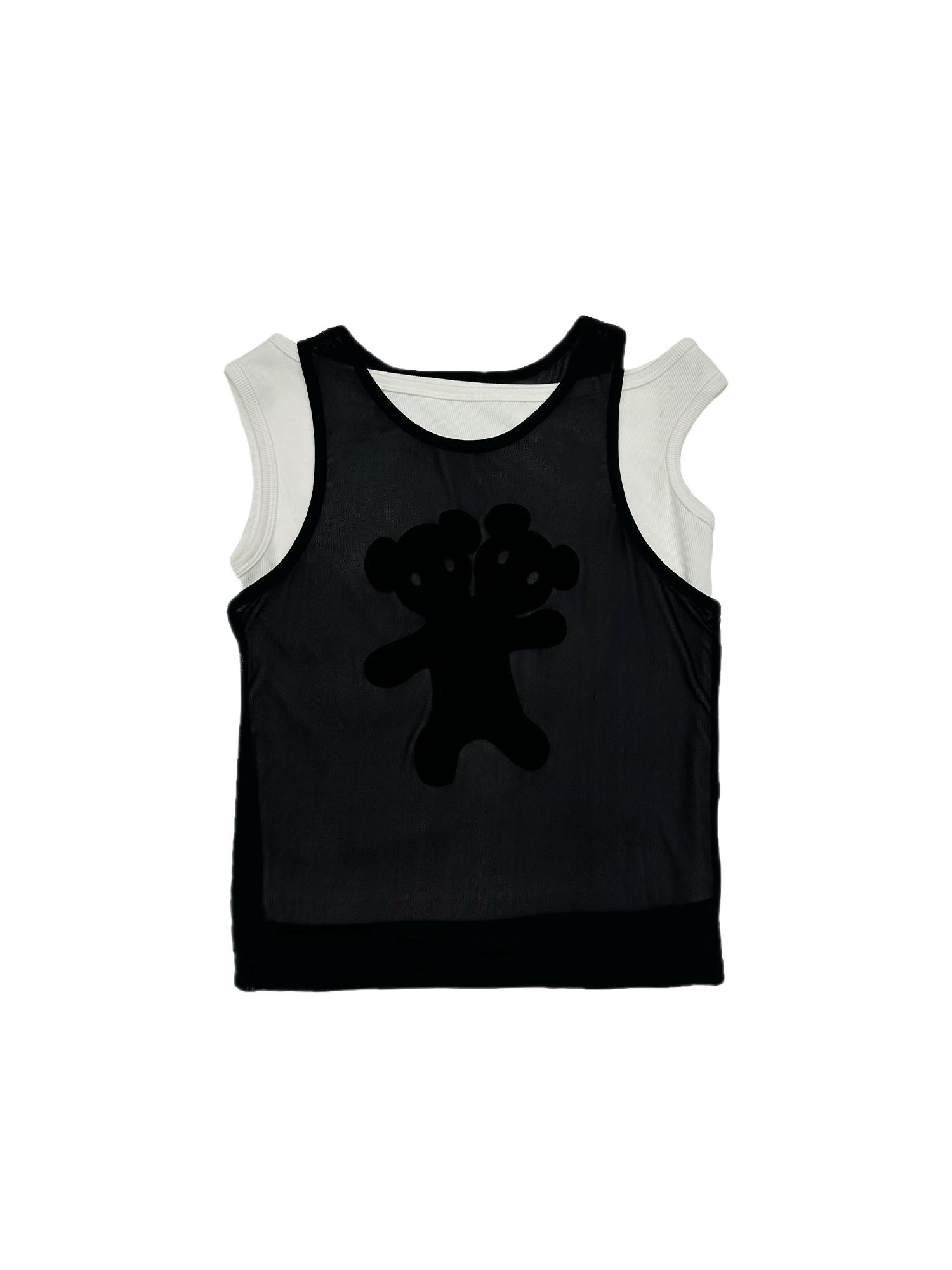 KADAKADA Flocked Bear Mesh One-Shoulder Ribbed Tank Set, premium urban and streetwear designers apparel on PROJECTISR.com, KADAKADA