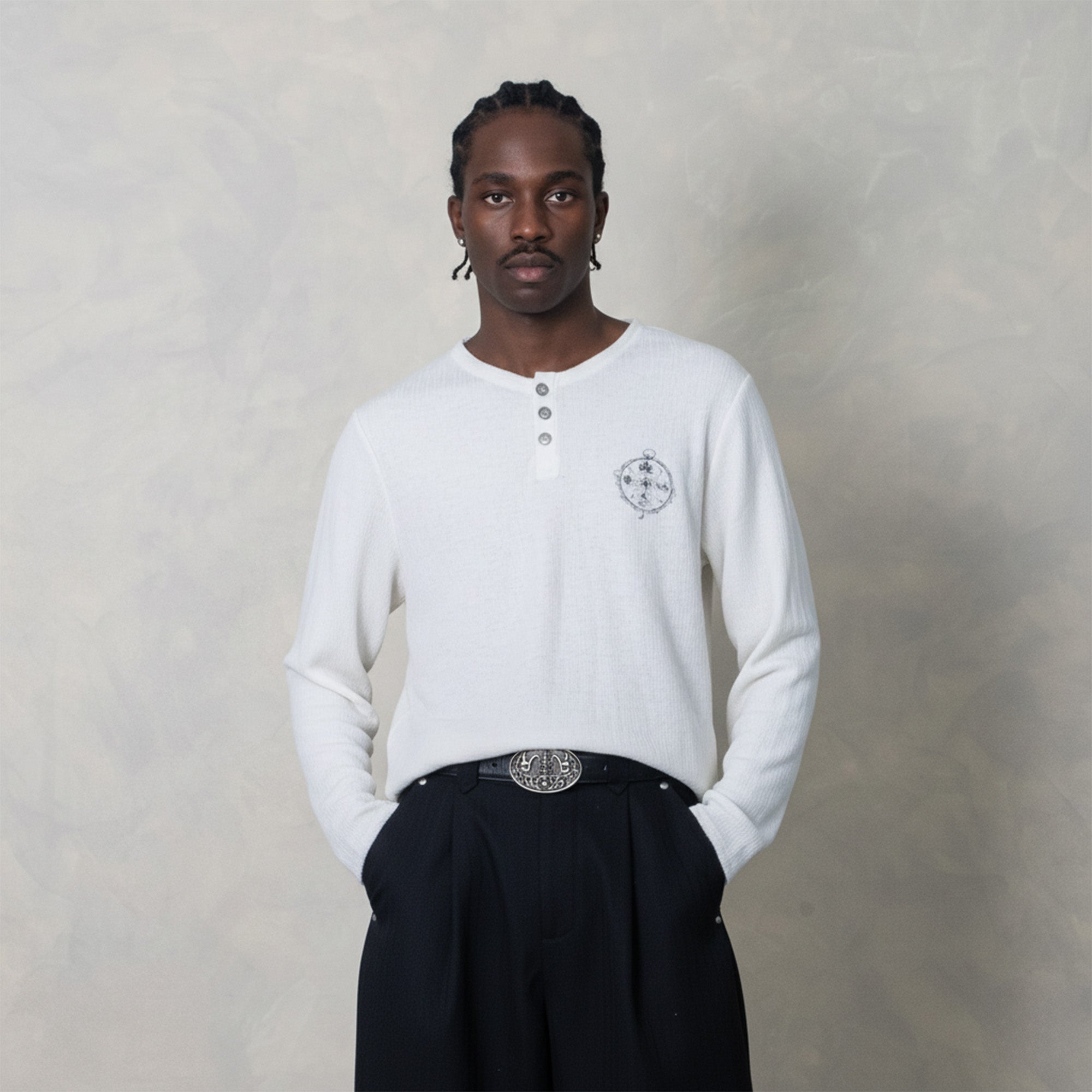 IN EXISTENCE Raw Hem Henley Long-Sleeve Tee