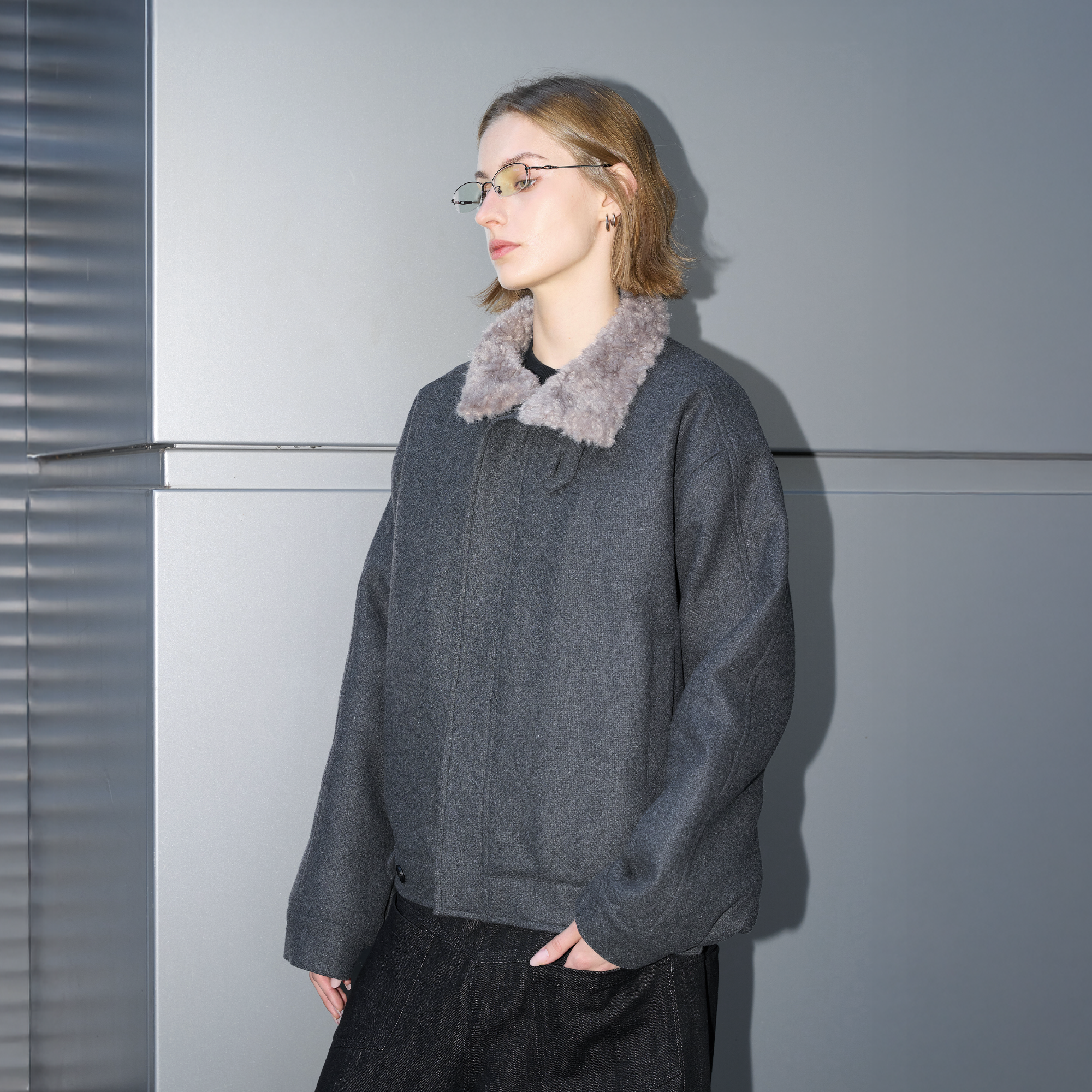 LABELROOM Modern Faux-Fur Collar Wool Jacket Gray, premium urban and streetwear designers apparel on PROJECTISR.com, LABELROOM