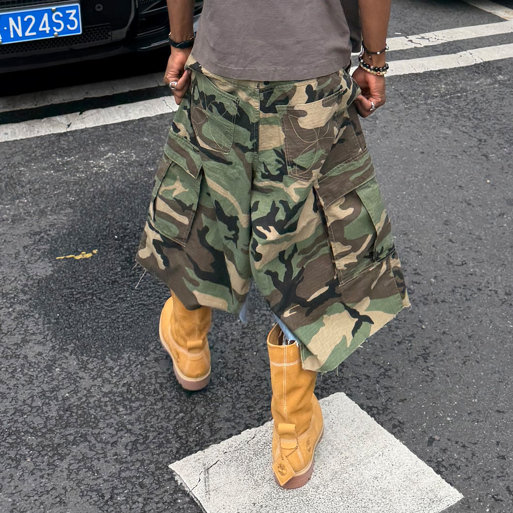 STEEPC Camo Distressed Denim Paneled Cargo Shorts