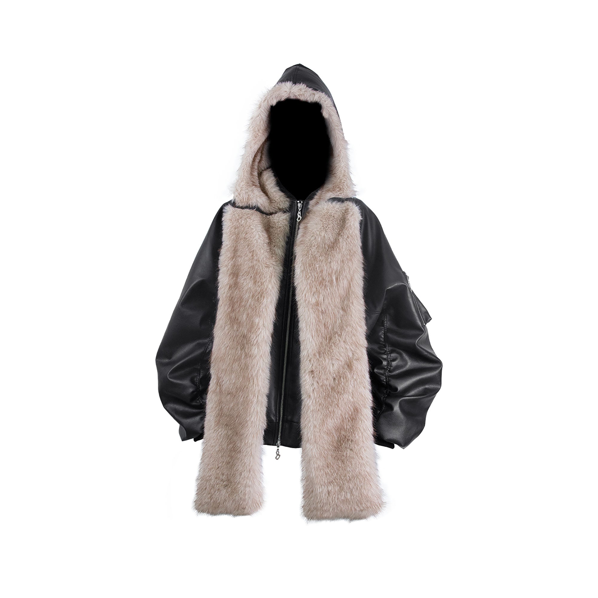 RELABEL Detachable Plush Scarf Ruched Hooded Jacket Black, premium urban and streetwear designers apparel on PROJECTISR.com, RELABEL