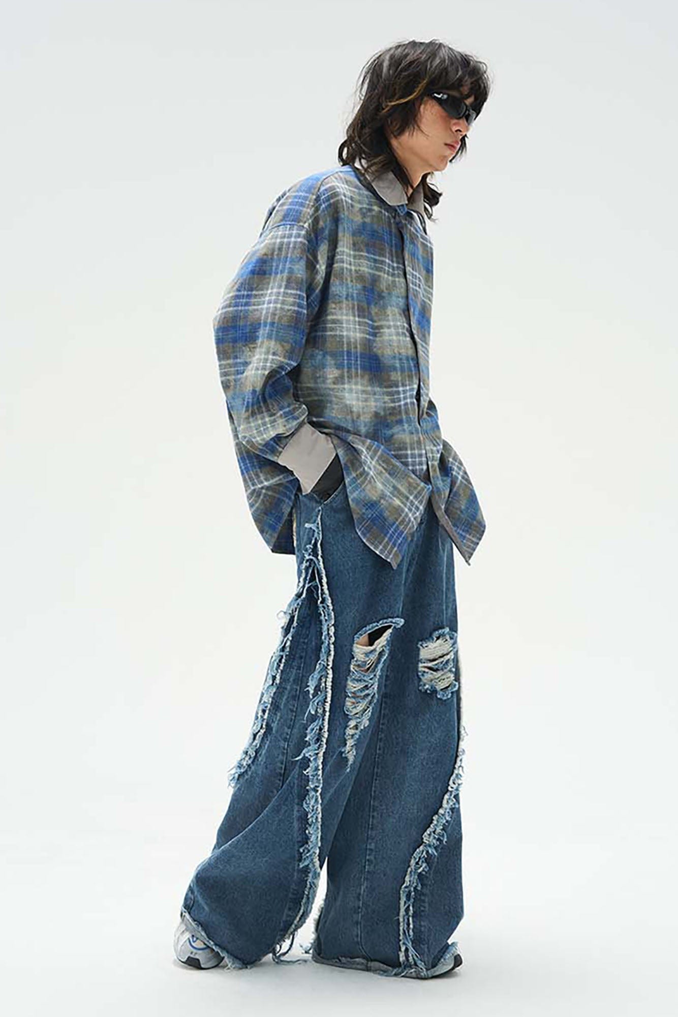 RELABEL Washed Plaid Tie-Dye Contrast-Collar Shirt, premium urban and streetwear designers apparel on PROJECTISR.com, RELABEL