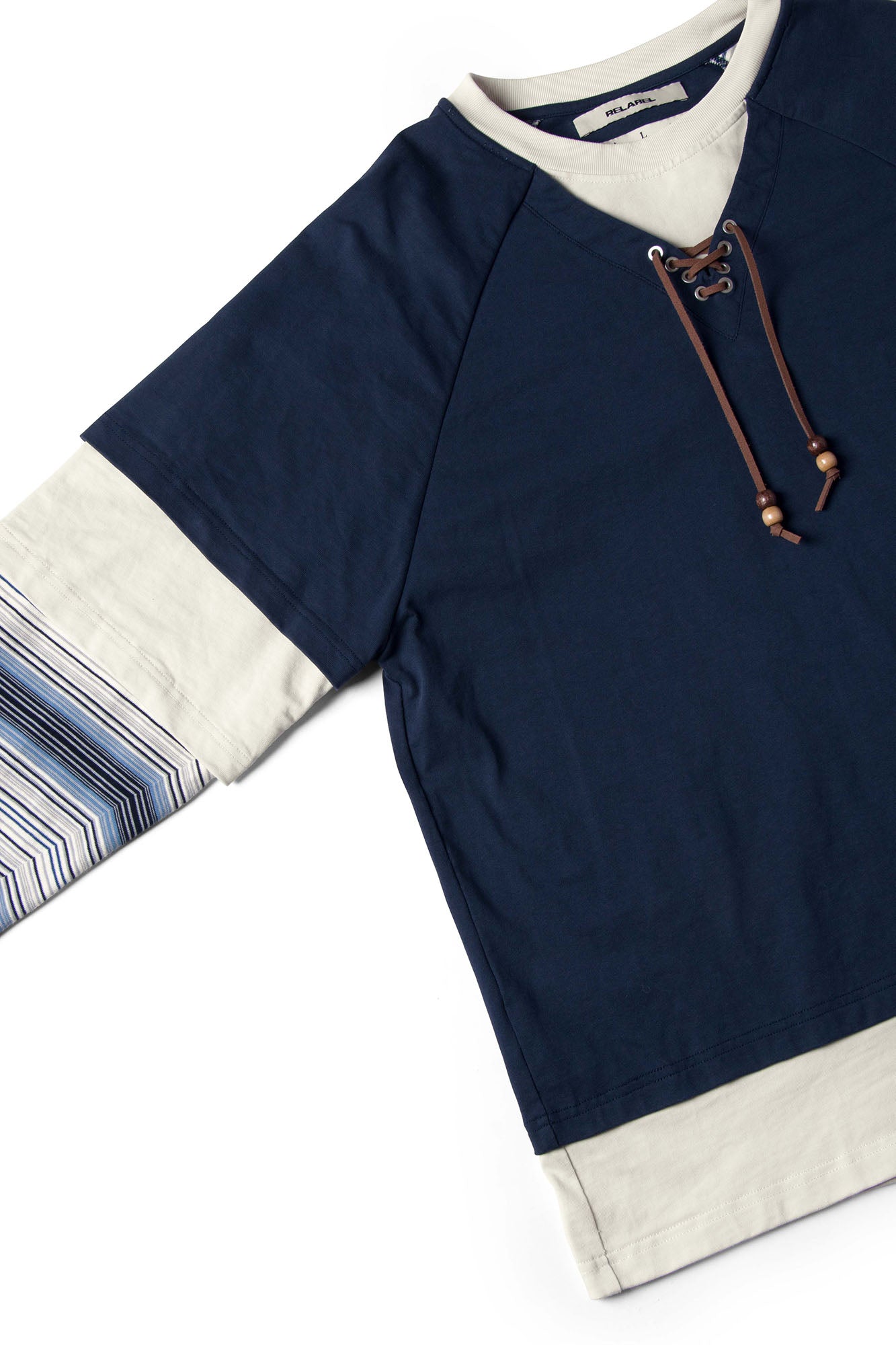RELABEL Layered Stripe-Sleeve Lace-Up Sweatshirt Blue, premium urban and streetwear designers apparel on PROJECTISR.com, RELABEL