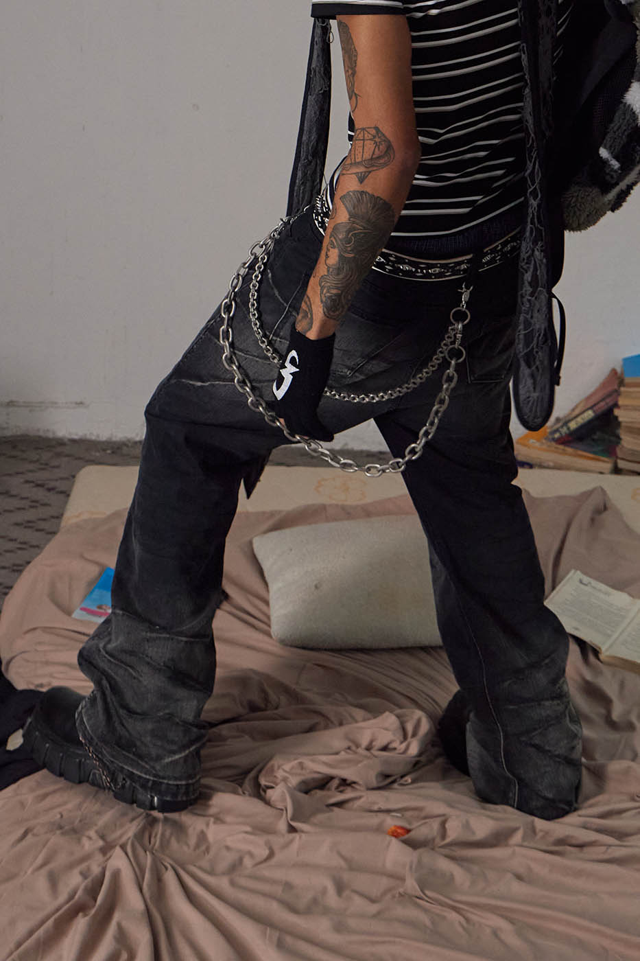 DND4DES Scratch Marks Distressed Flared Jeans Black, premium urban and streetwear designers apparel on PROJECTISR.com, DND4DES