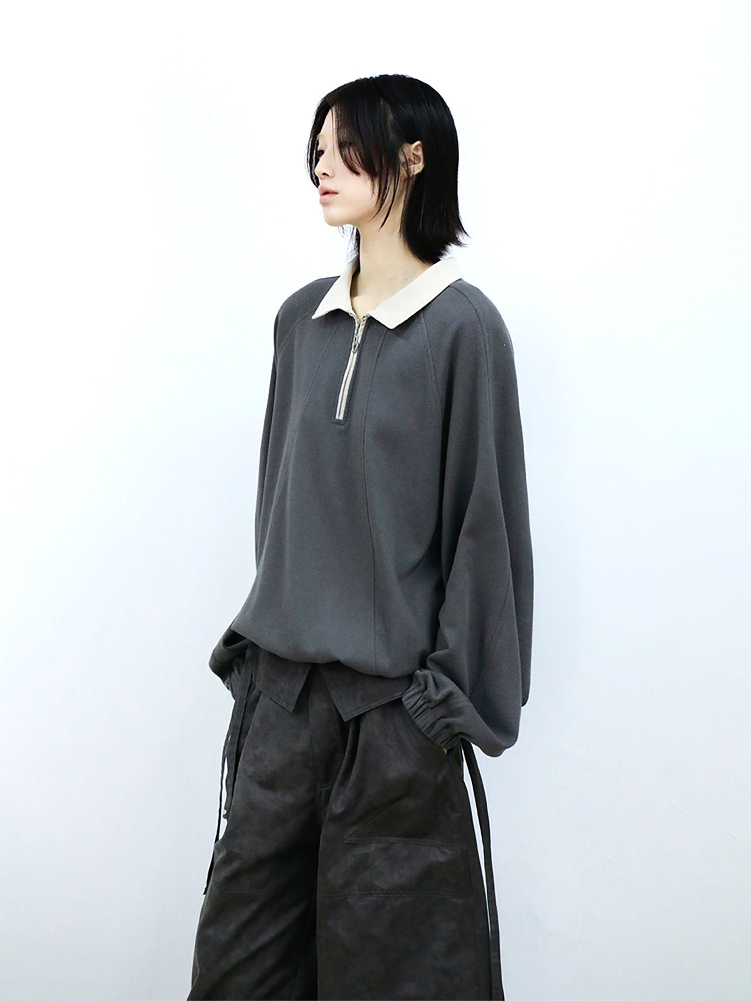 RELABEL Raglan Drawstring-Hem Polo Sweatshirt