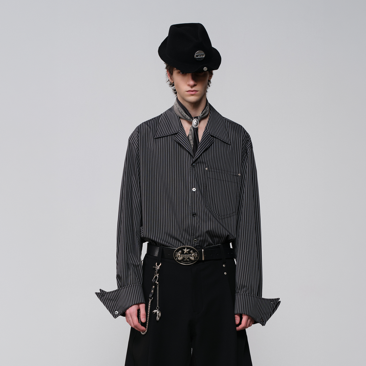 FACEONLAB Striped Cuban Collar Long-Sleeve Shirt