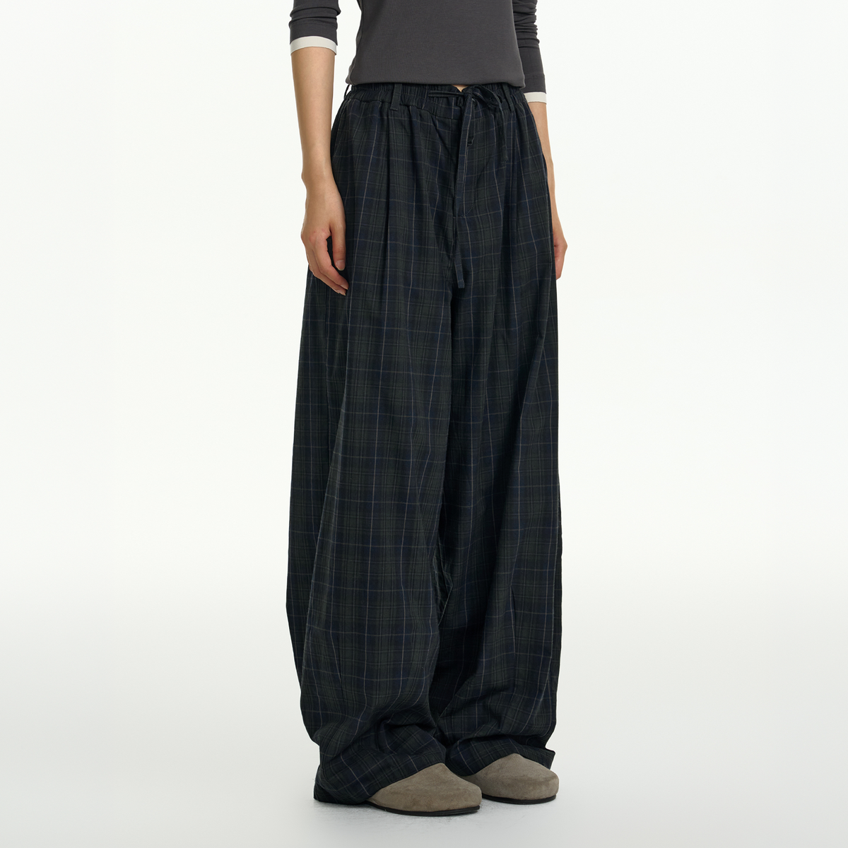 TGNS Plaid Pleated Wide-Leg Trousers