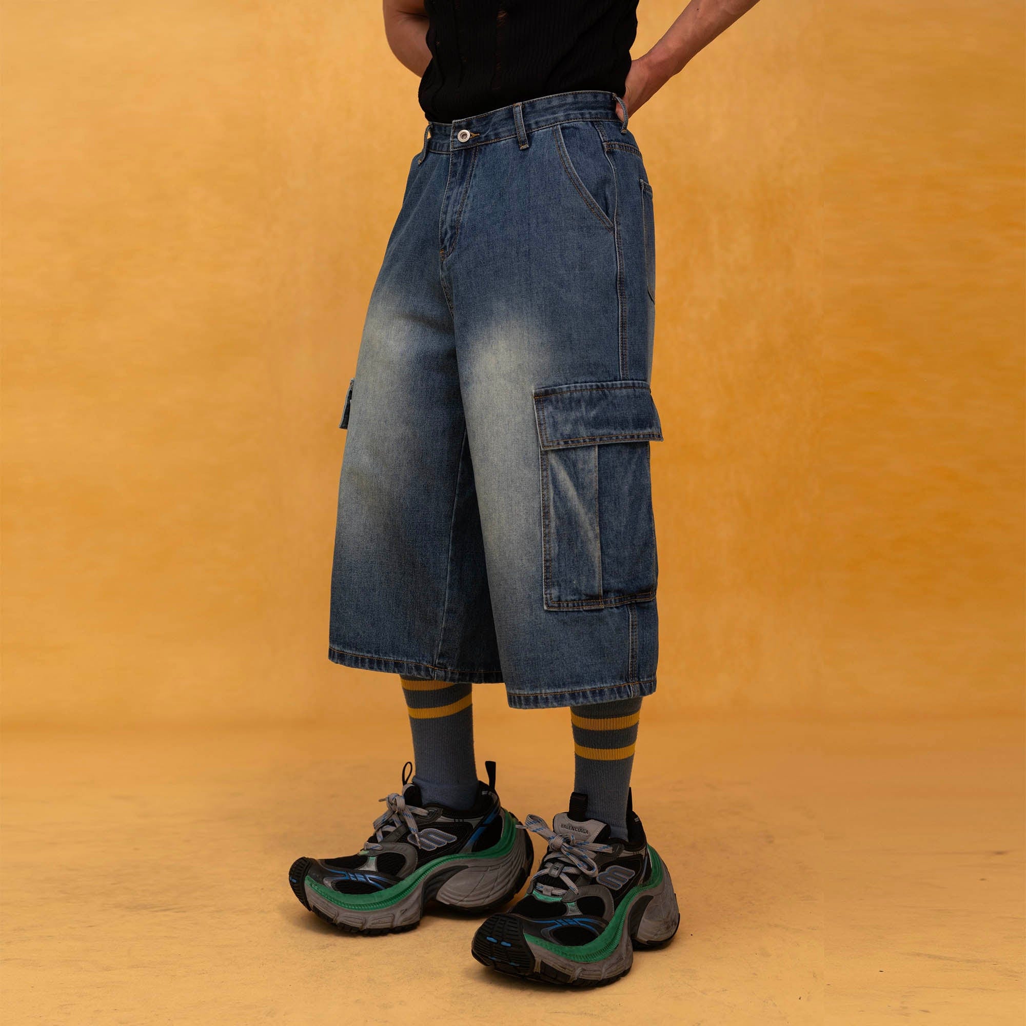 CLP Retro Multi-Pocket Knee-Length Denim Shorts, premium urban and streetwear designers apparel on PROJECTISR.com, CLP