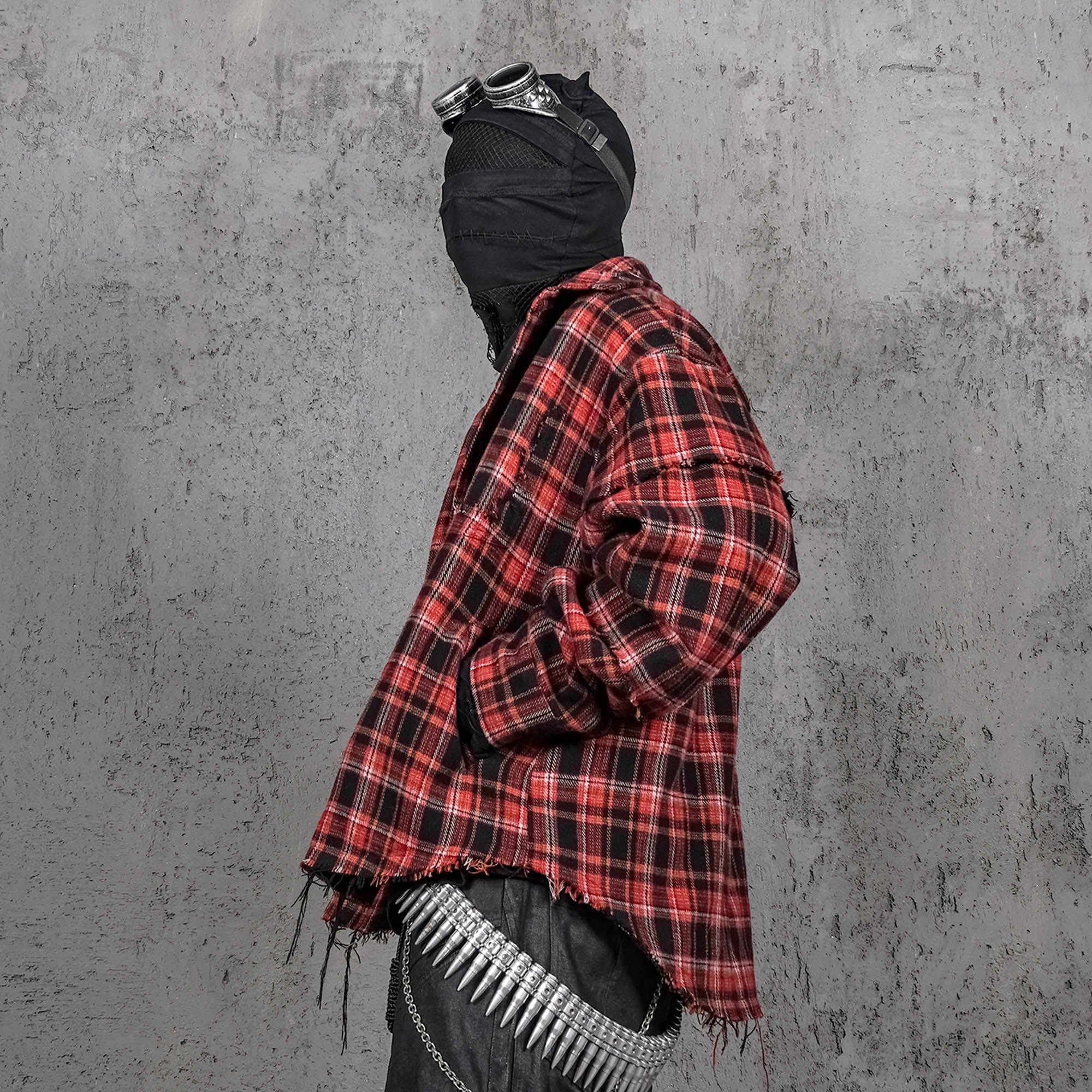 UNDERWATER Crimson Ruin Distressed Plaid Shirt Jacket, premium urban and streetwear designers apparel on PROJECTISR.com, UNDERWATER