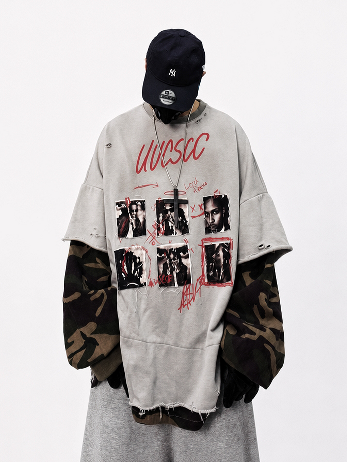 UUCSCC Retro Camo Spliced Distressed Oversized Crewneck Sweatshirt