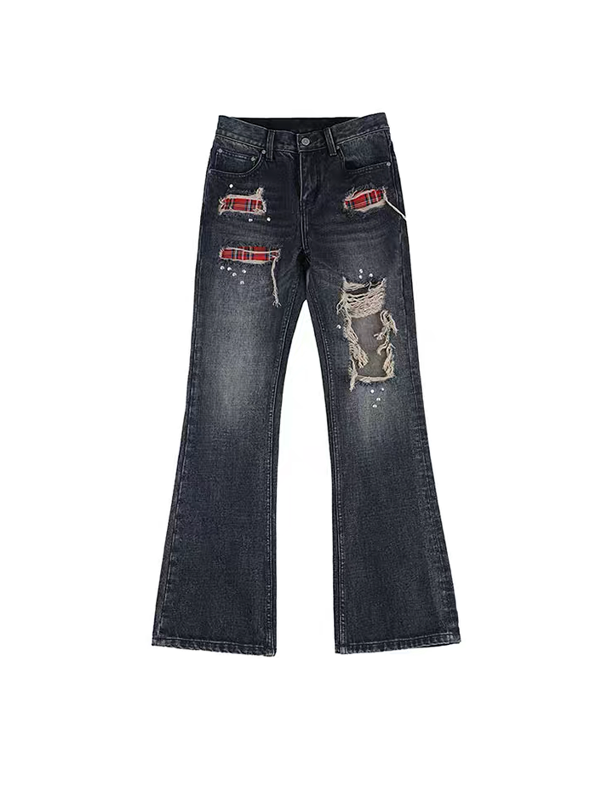 SEXXDEVIL Plaid Patch Distressed Rivet Washed Flared Jeans