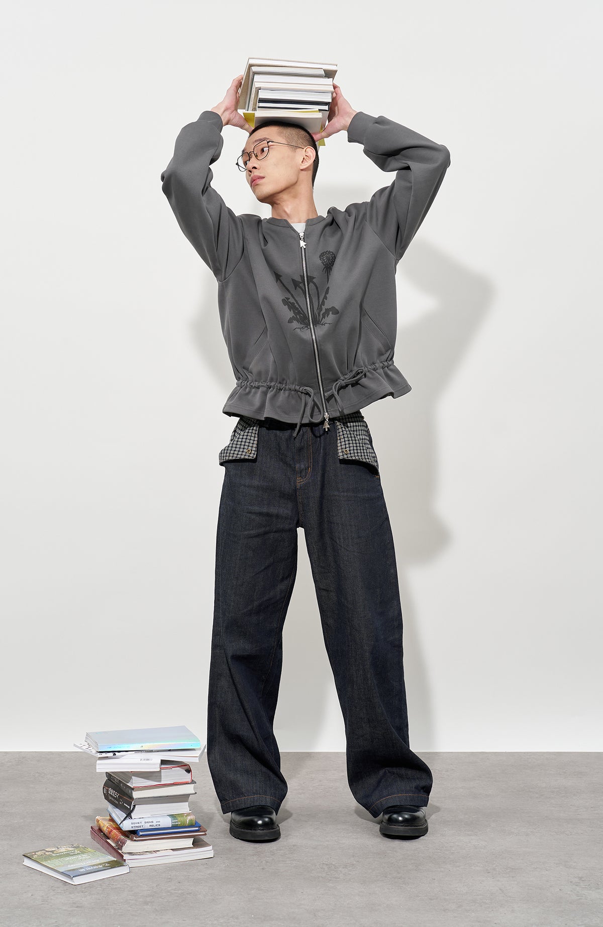 FMACM Plaid Spliced Raw-Hem Straight-Leg Jeans