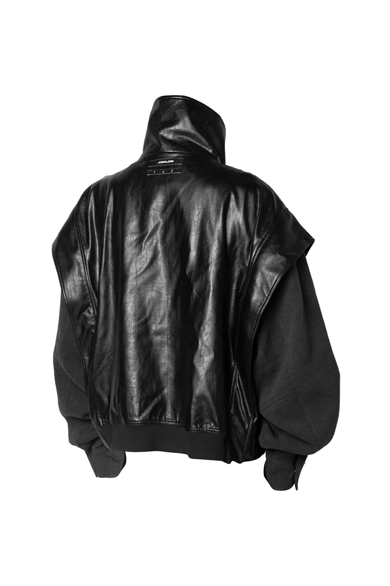 RELABEL Deconstructed Spliced Stand-Collar Faux Leather Jacket, premium urban and streetwear designers apparel on PROJECTISR.com, RELABEL