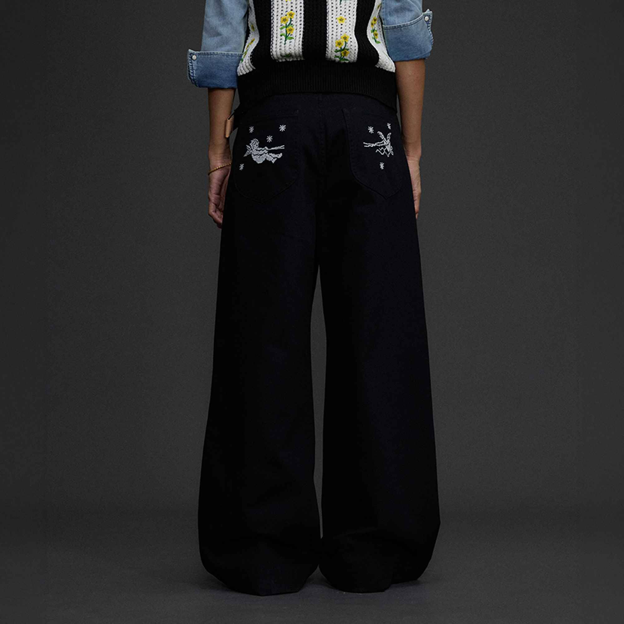 NIANJIUYIKOUER Embroidered Wide-Leg Twill Pants, premium urban and streetwear designers apparel on PROJECTISR.com, NIANJIUYIKOUER