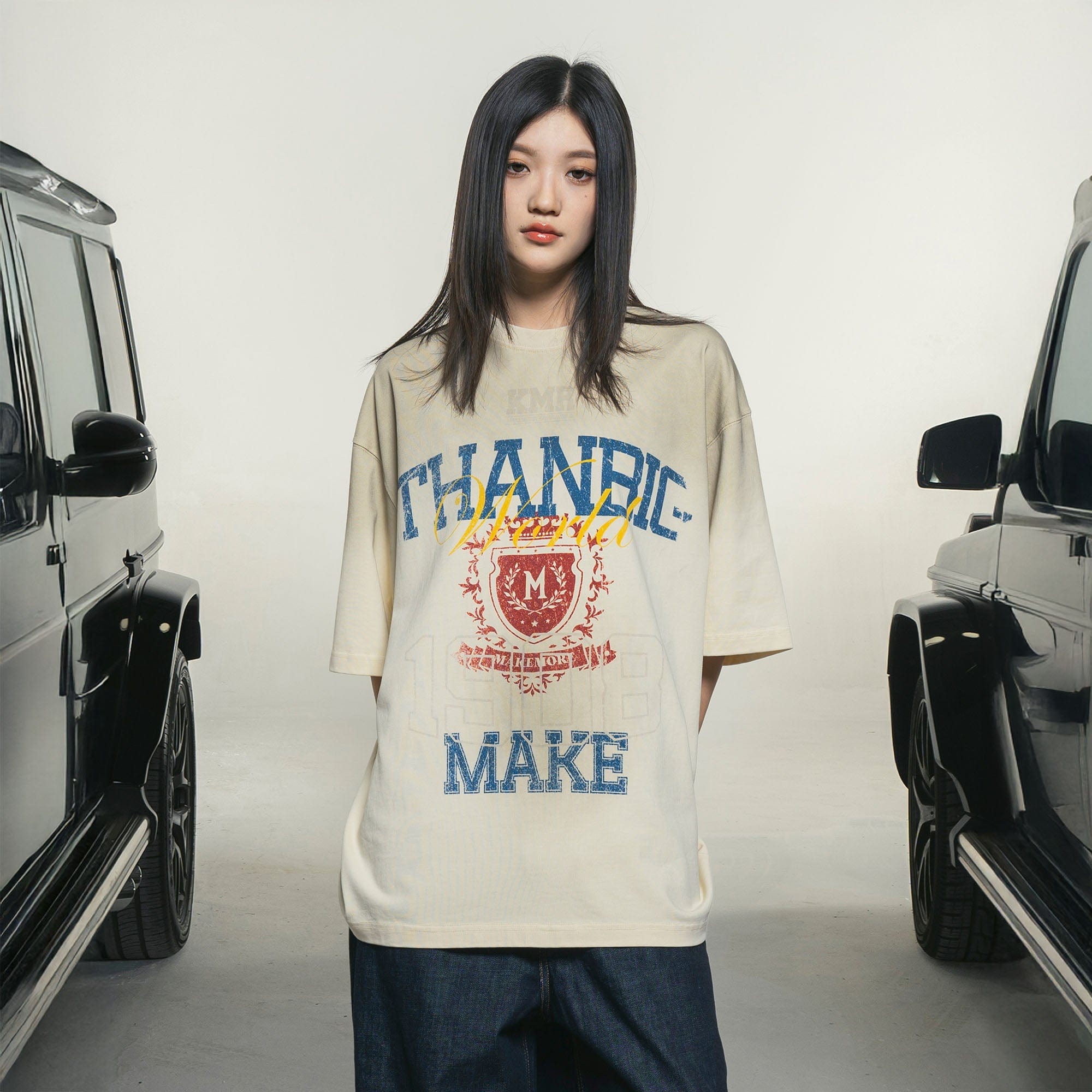MAKEMORE Retro Distressed Gradient Graphics Oversized T-Shirt, premium urban and streetwear designers apparel on PROJECTISR.com, MAKEMORE