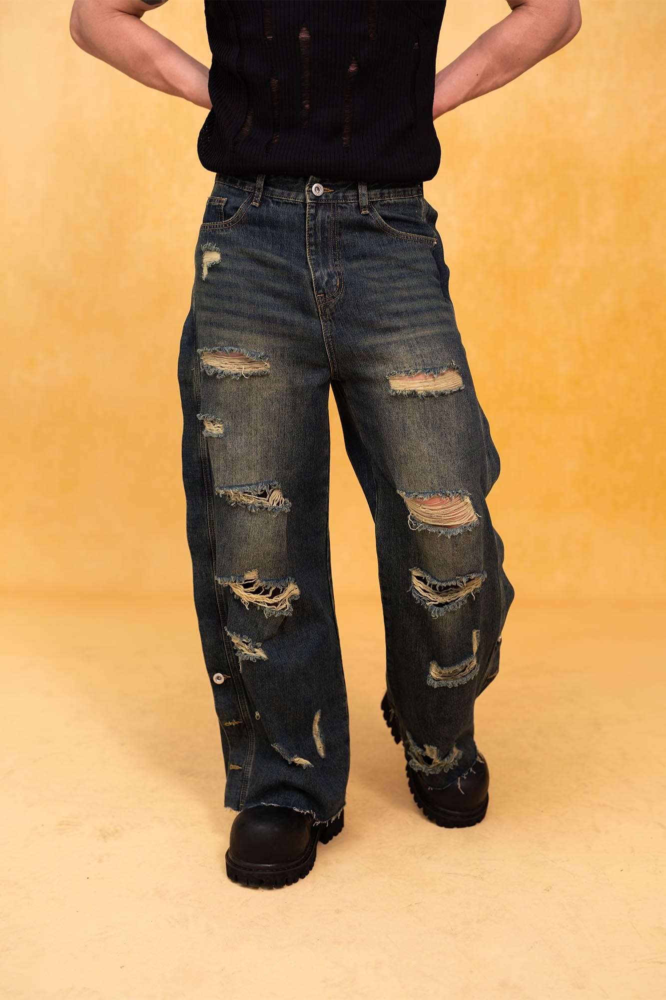 CLP Distressed Buttoned Wide-Leg Jeans, premium urban and streetwear designers apparel on PROJECTISR.com, CLP