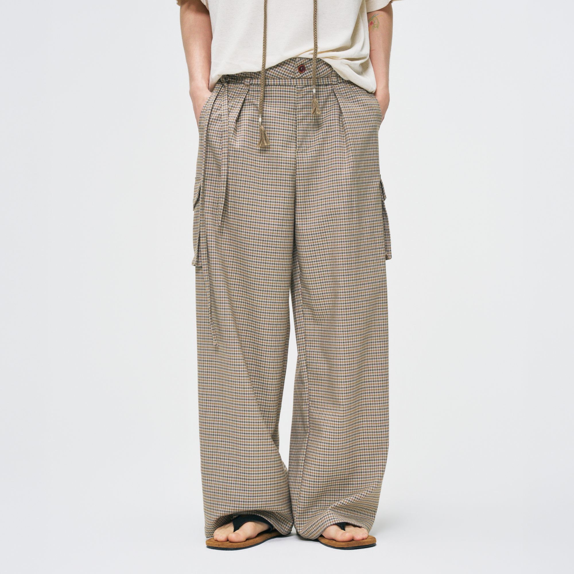 GONGHE REPUB Houndstooth Double-Pleated Tie-Waist Pants